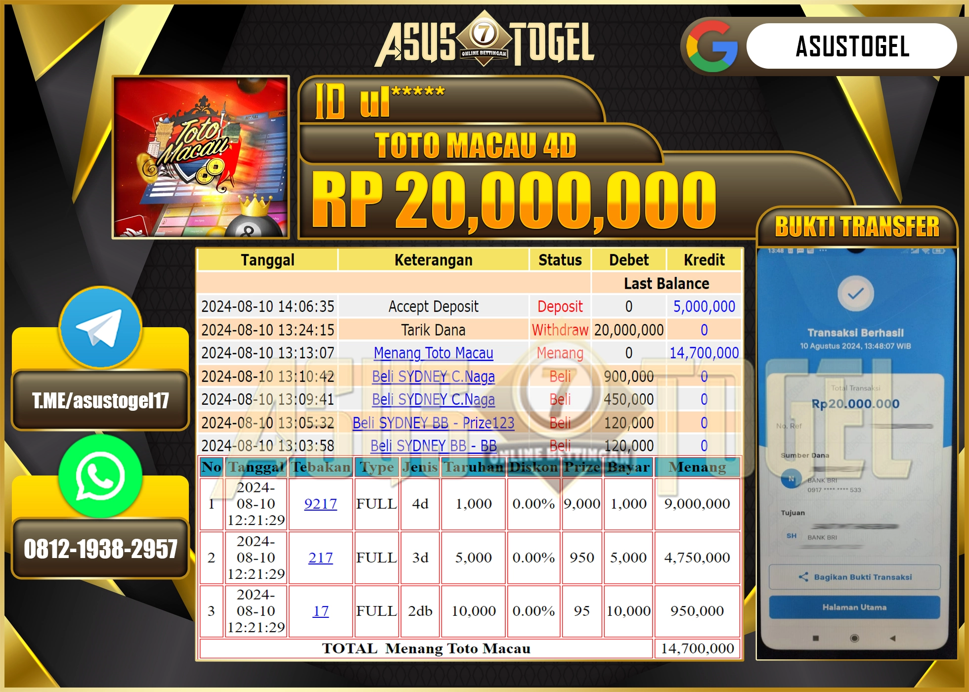 ASUSTOGEL KEMENANGAN DI GAMES TOTO MACAU 4D  SEBESAR 20,000,000- RUPIAH LUNAS