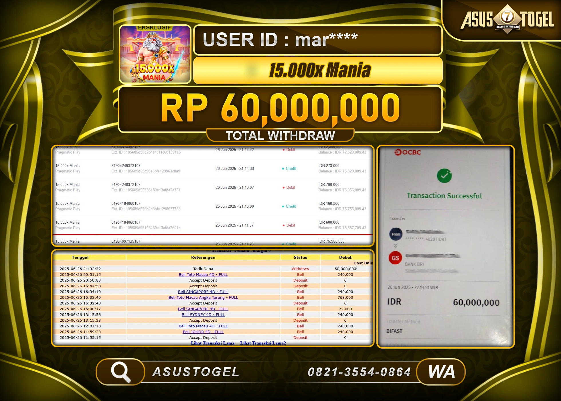 ASUSTOGEL KEMENANGAN DI SLOT 15.000X MANIA SEBESAR 60,000,000- RUPIAH LUNAS