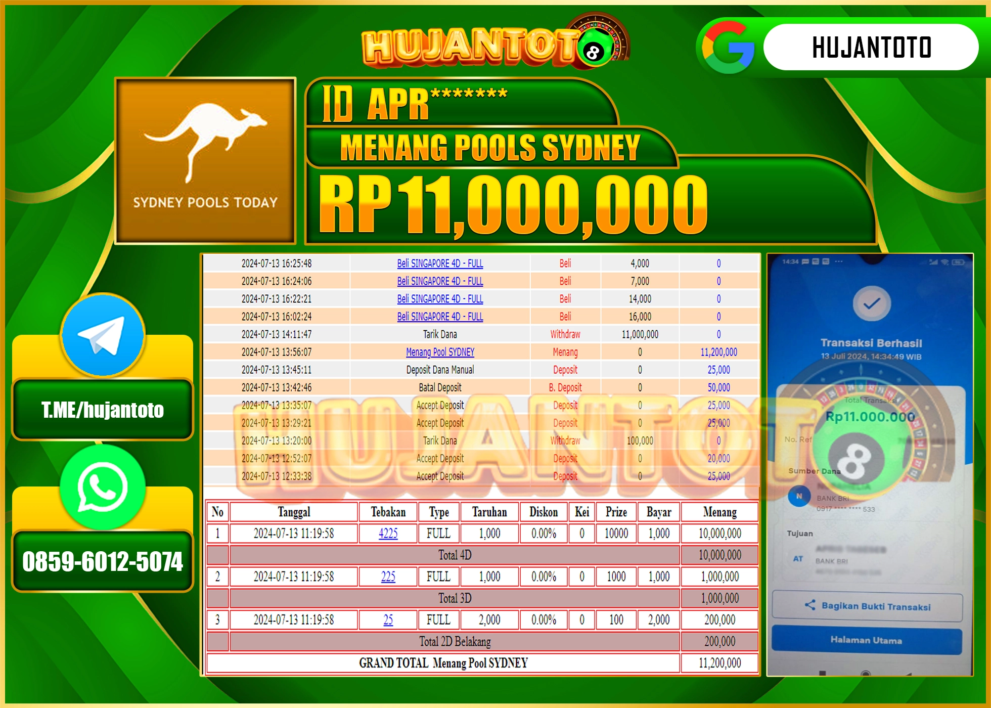 HUJANTOTO MENANG PERMAINAN TOGEL SYDNEY POOLS  11.000.000 - LUNAS 