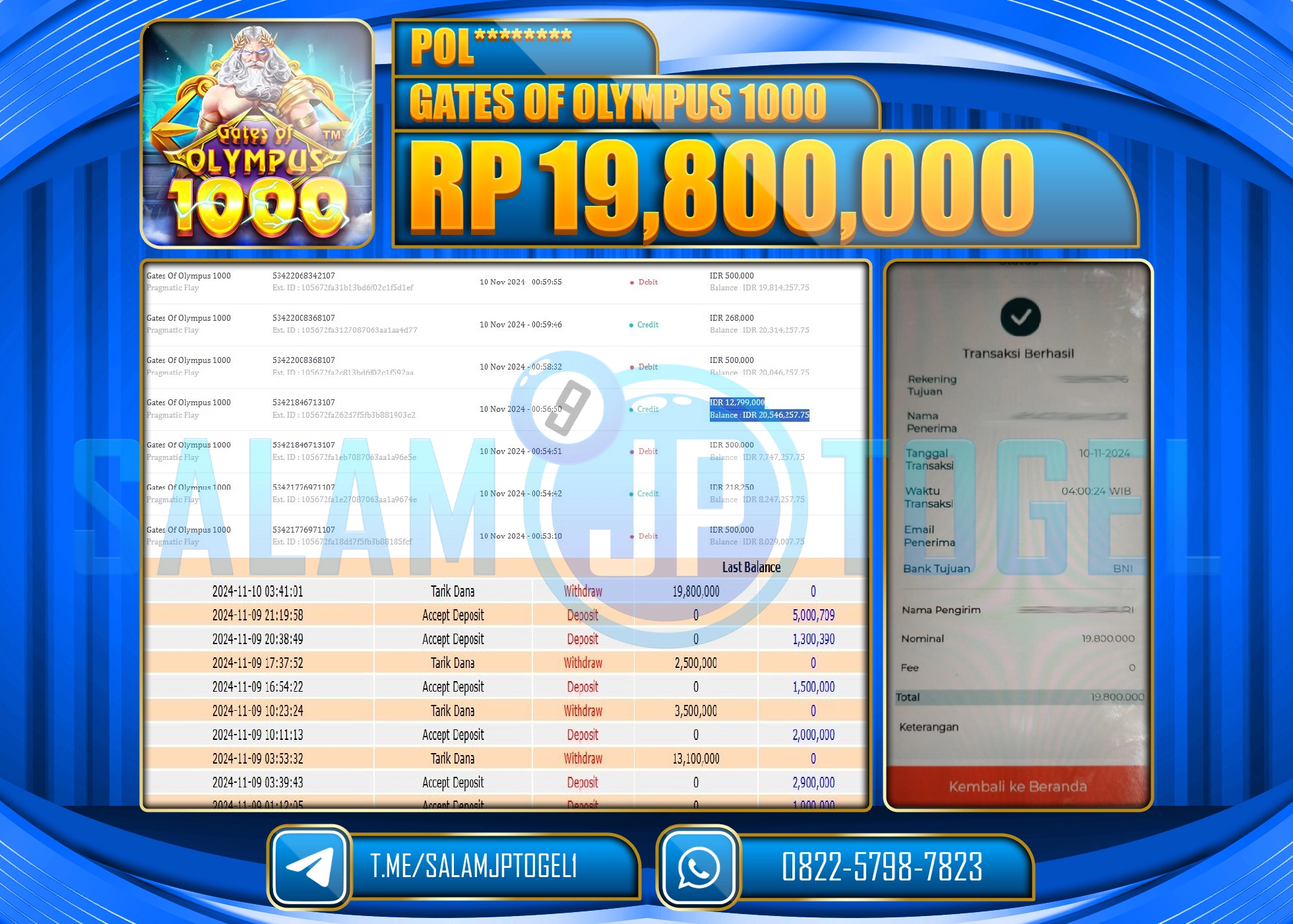 SALAMJPTOGEL MENANG GATES OF OLYMPUS 1000 RP. 19,800,000 LUNAS