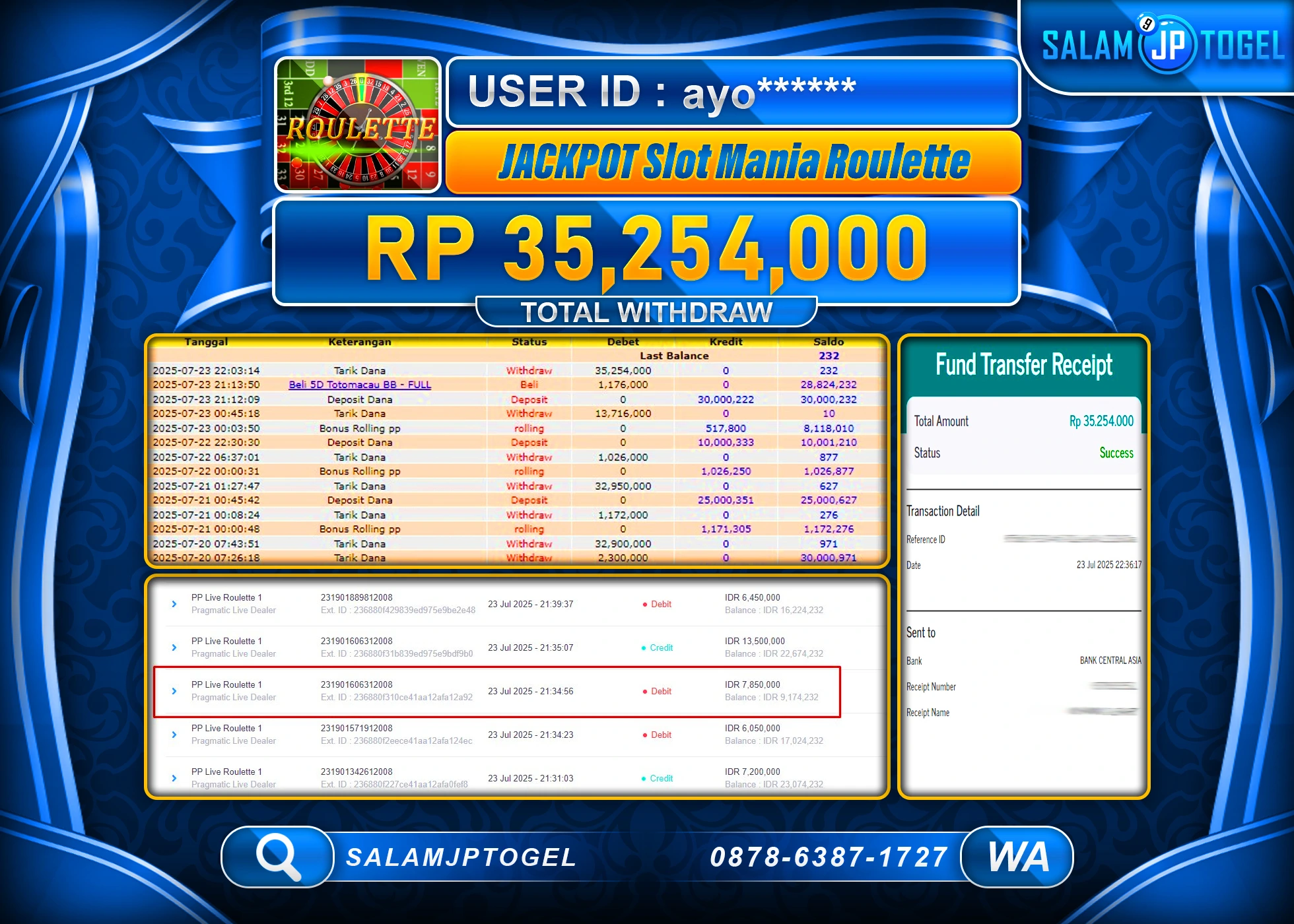 SALAMJPTOGEL MENANG MANIA ROULETTE   Rp.35,254,000