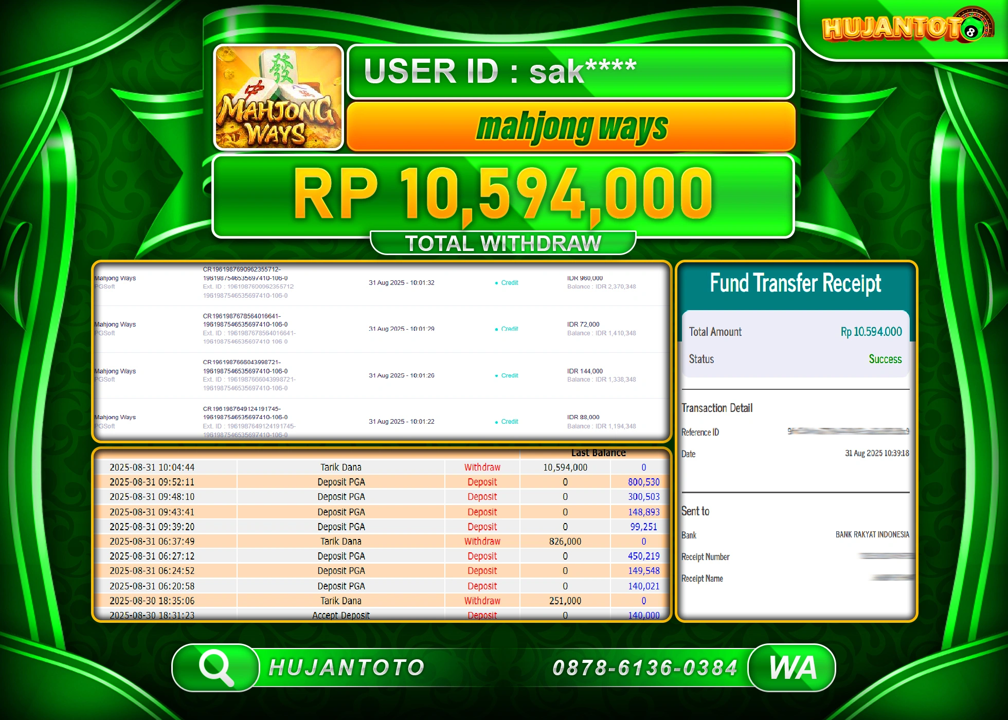 HUJANTOTO - BUKTI JACKPOT MENANG SLOT MAHJONG WAYS  Rp.10,594,000 - TERBAYAR LUNAS
