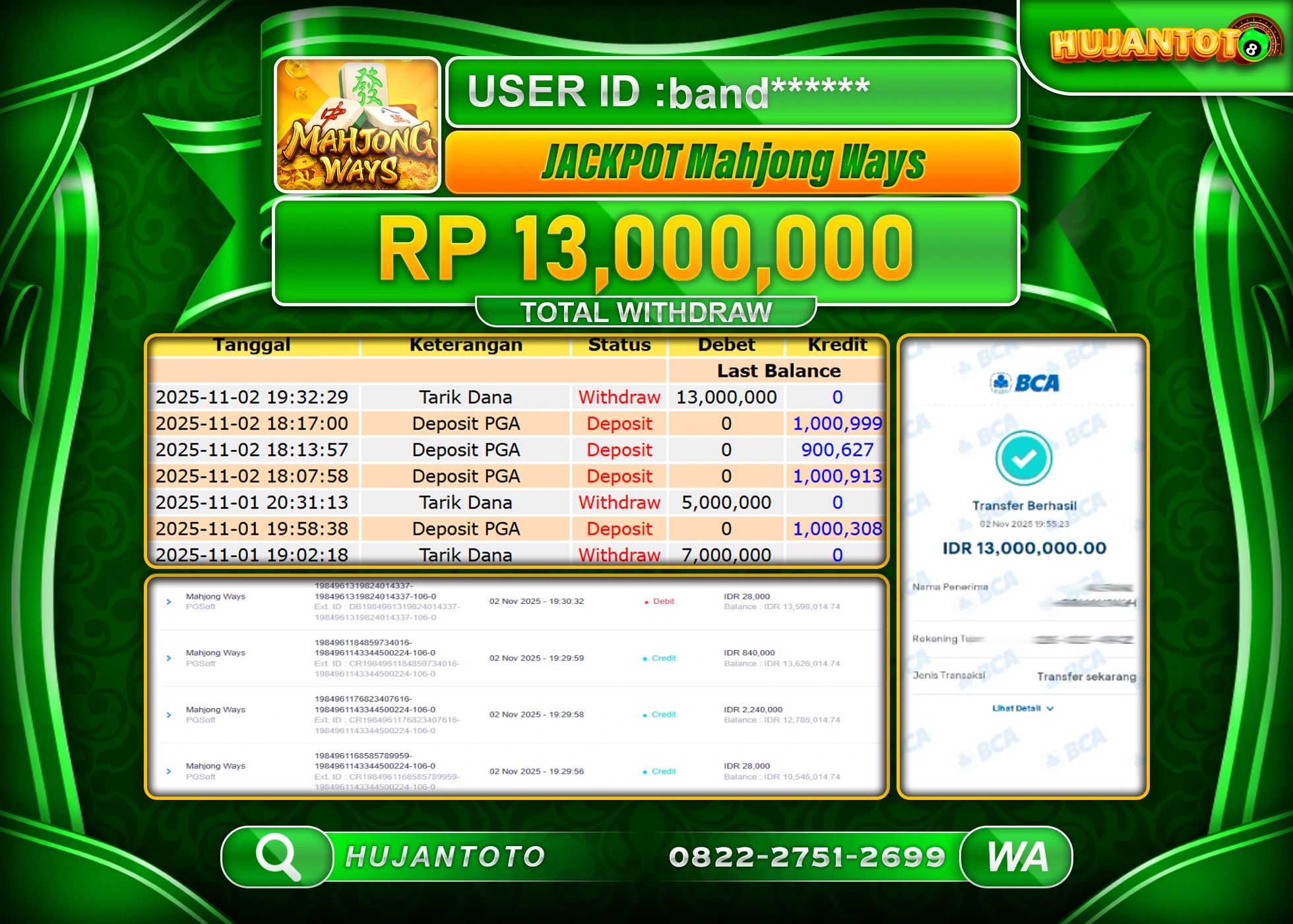 HUJANTOTO - BUKTI JACKPOT MENANG SLOT MAHJONG WAYS Rp.13,000,000 - TERBAYAR LUNAS