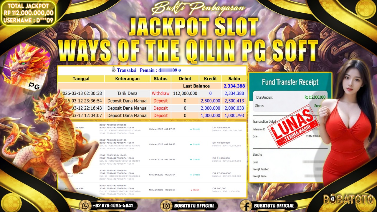 BOBATOTO JACKPOT SLOT WAYS OF THE QILIN PG SOFT Rp.112,000,000,- LUNAS!!