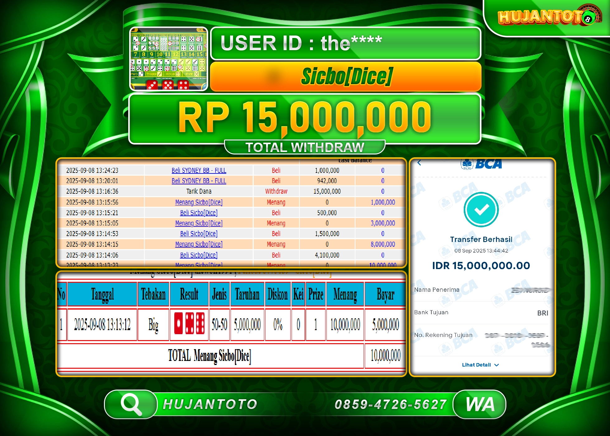 HUJANTOTO - BUKTI JACKPOT MENANG LIVE GAME SICBO DICE GAMES Rp.15,000,000 - TERBAYAR LUNAS