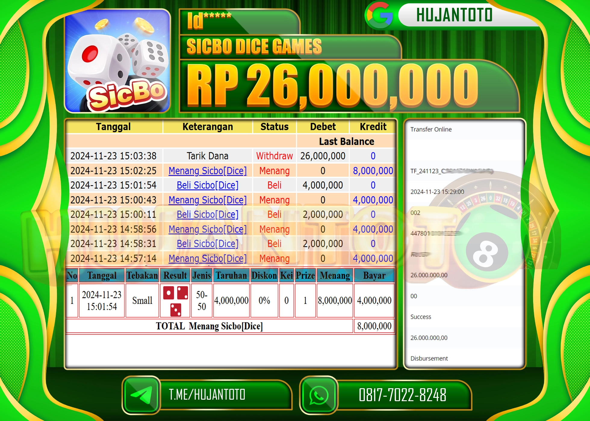 HUJANTOTO KEMENANGAN BESAR DI SICBO DICE GAME SEBESAR  - 26,000,000 - LUNAS