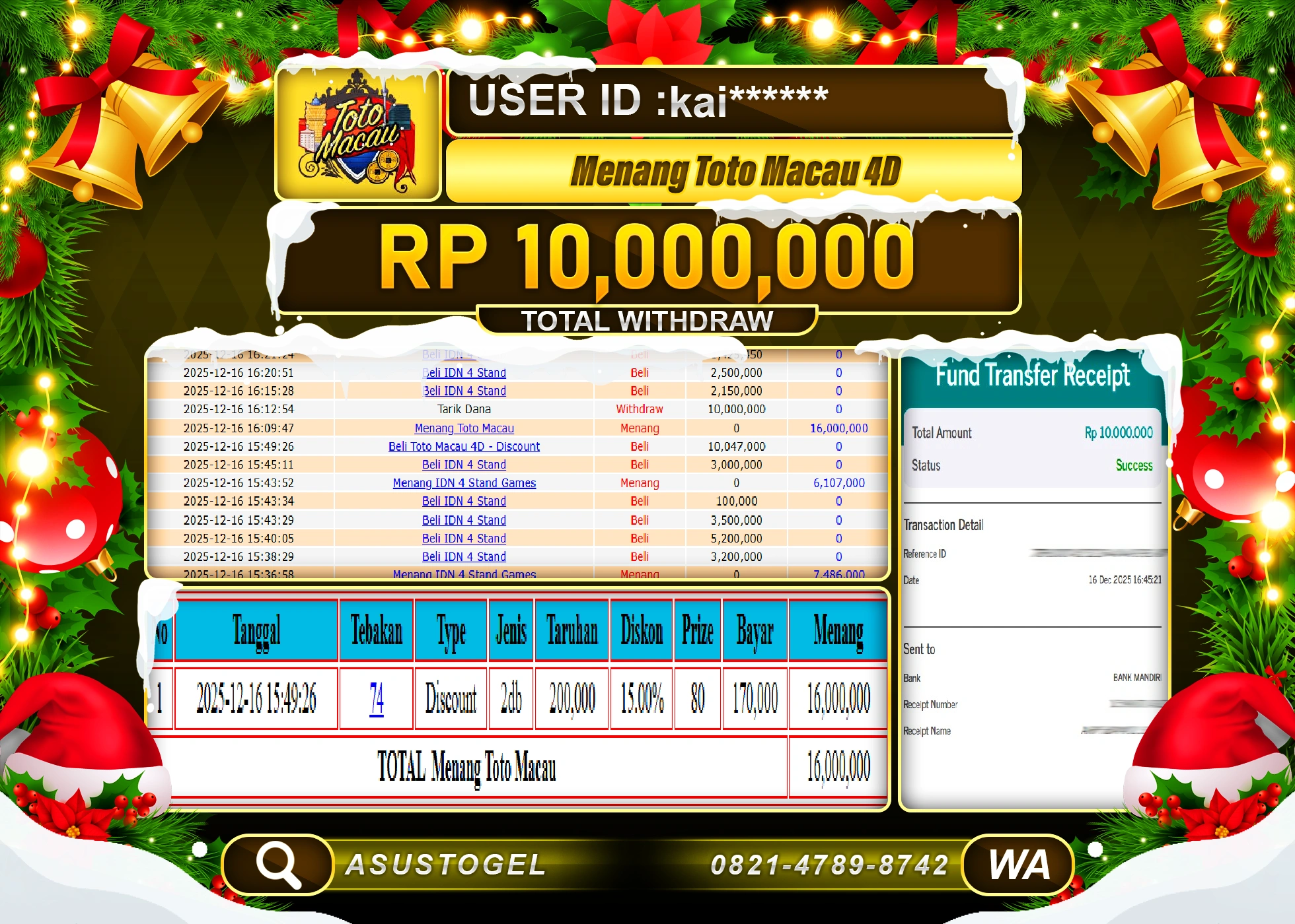 ASUSTOGEL KEMENANGAN DI TOGEL TOTO MACAU 4D SEBESAR 10,000,000 - RUPIAH LUNAS