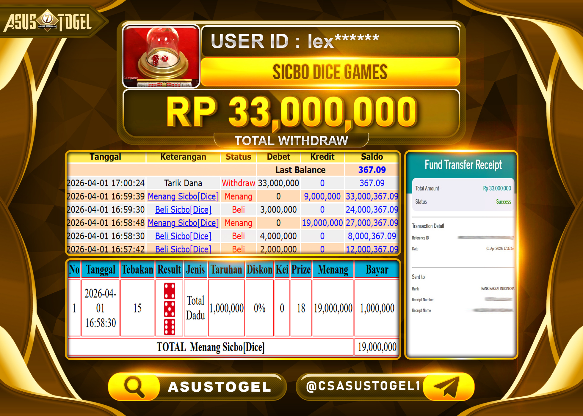 ASUSTOGEL KEMENANGAN JACKPOT DI PERMAINAN LIVE GAME SICBO DICE SEBESAR Rp.33,0000,000 - RUPIAH LUNAS