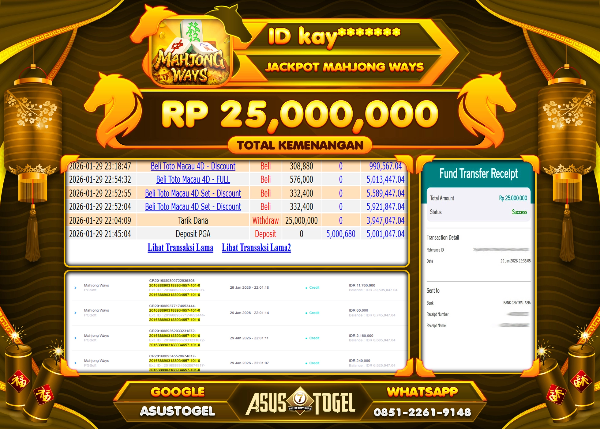 ASUSTOGEL KEMENANGAN DI SLOT MAHJONG WAYS SEBESAR 25,000,000 - RUPIAH LUNAS