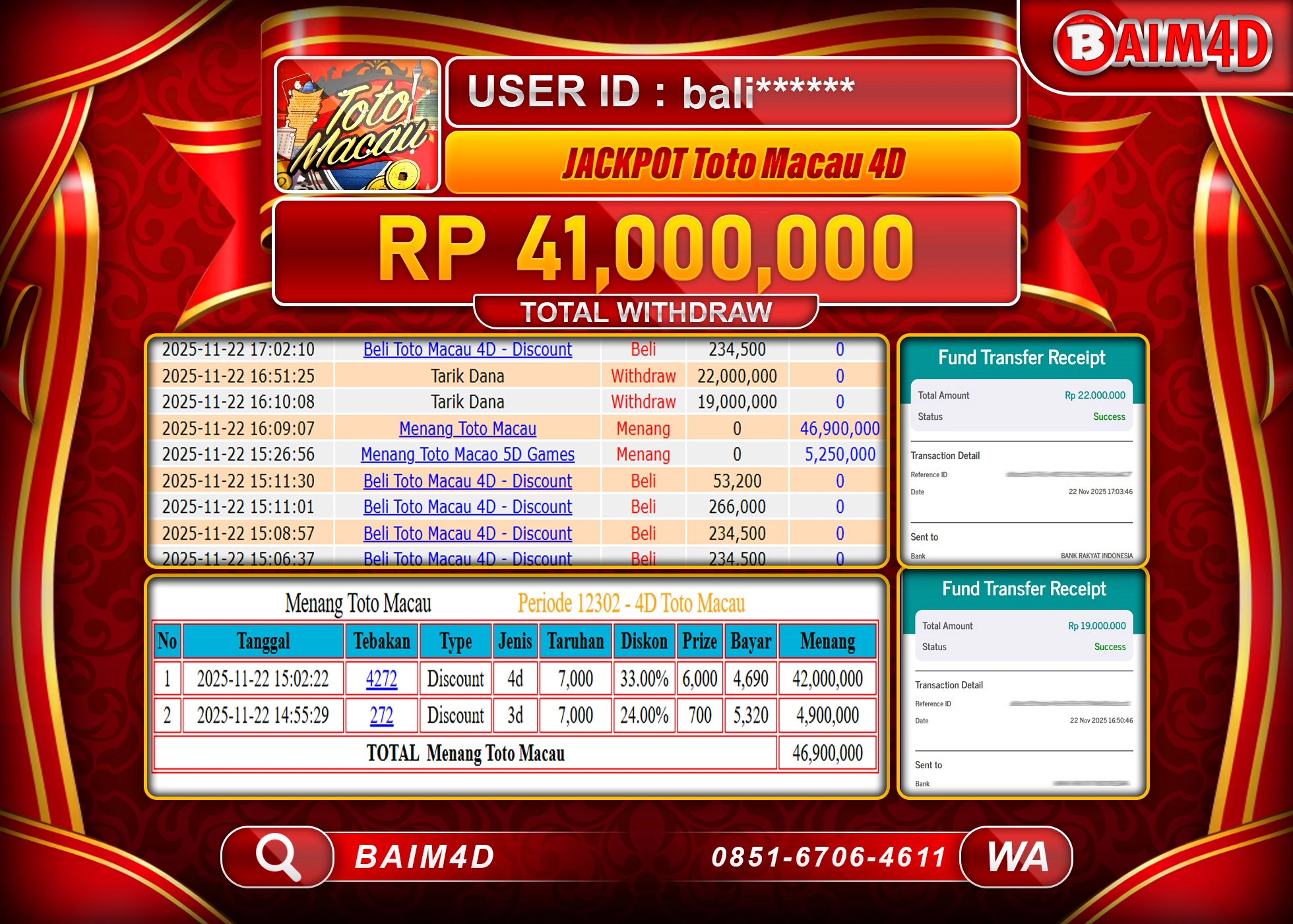 BAIM4D JACKPOT TOGEL TOTO MACAU 4D GAMES Rp.41,000,000 - LUNAS