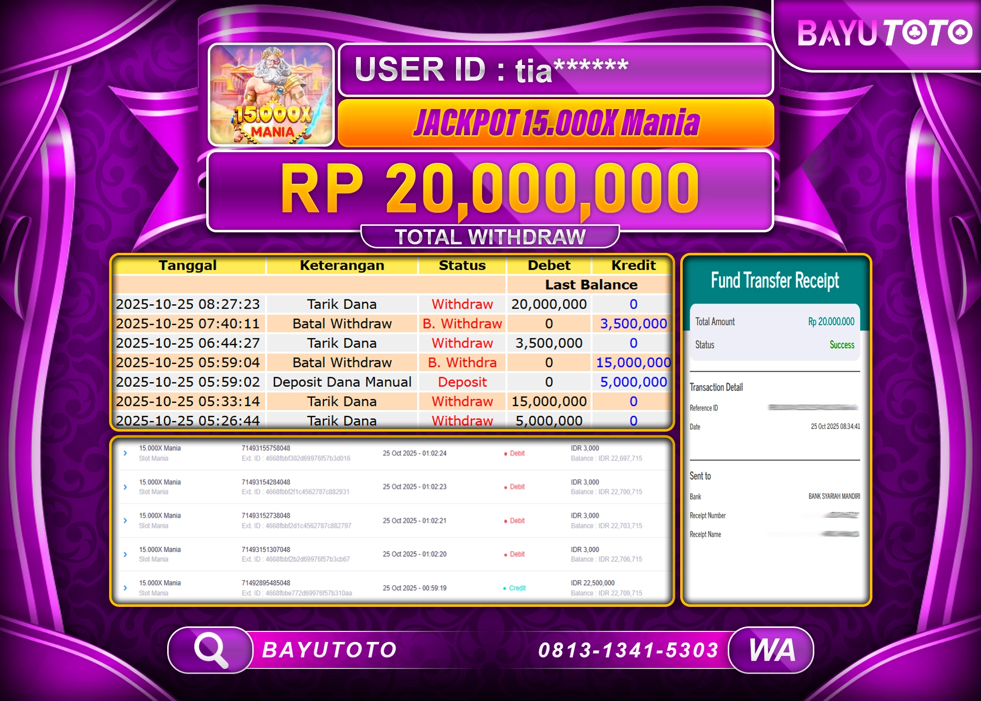 MEMBER BAYUTOTO JACKPOT DI SLOT  15.000X MANIA   Rp. 20,000,000 LUNAS