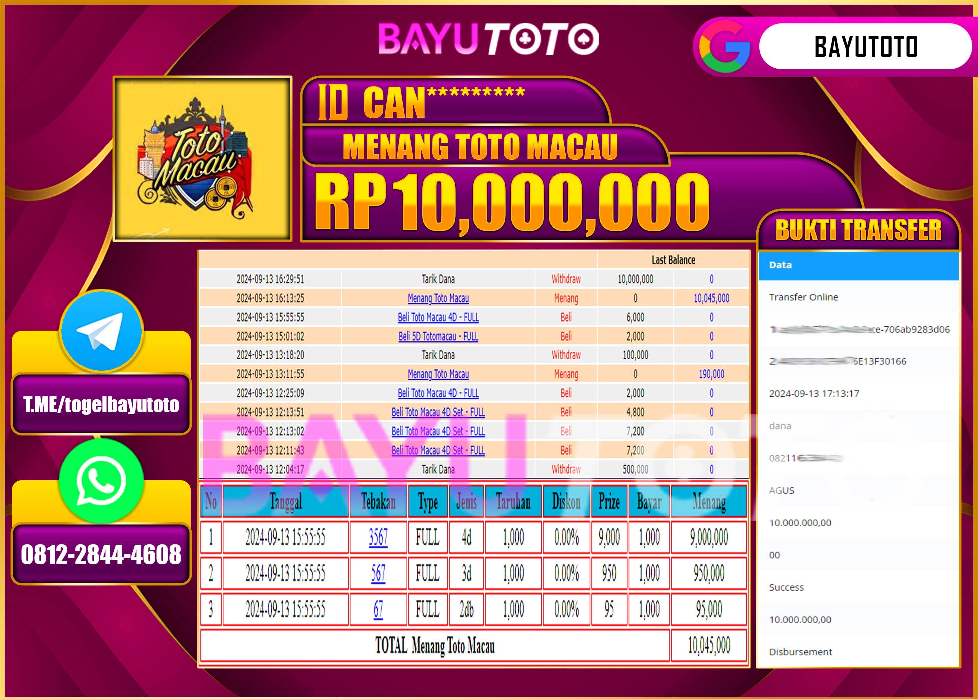 BAYUTOTO JACKPOT  PASARAN TOGEL TOTO MACAU Rp.10.000.000 LUNAS