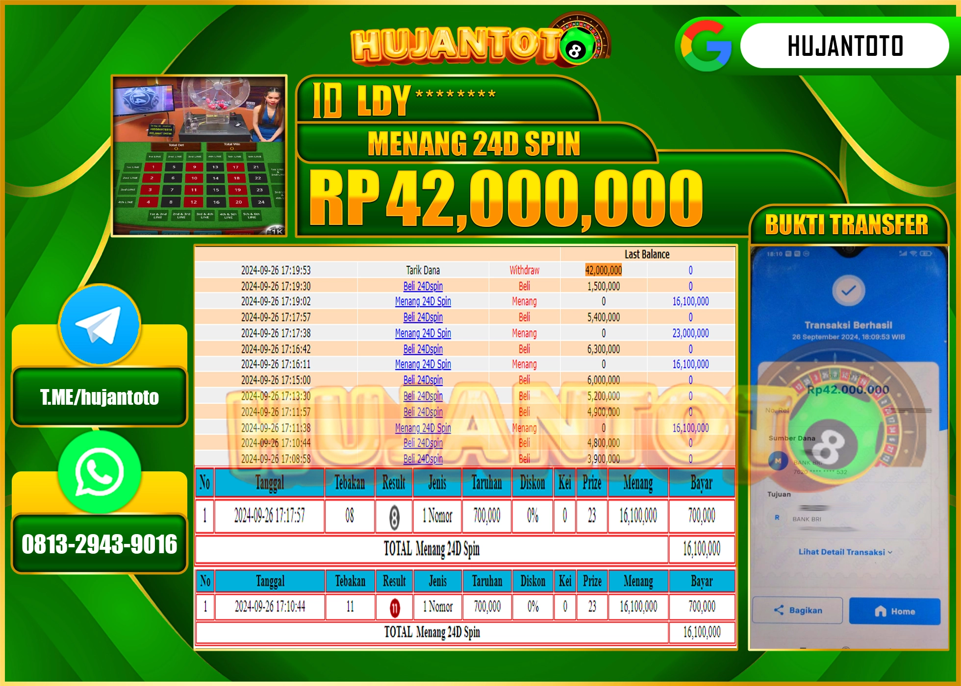 HUJANTOTO MENANG BESAR DI PERMAINAN LIVEGAMES 24D SPIN- 42,000,000 - LUNAS 