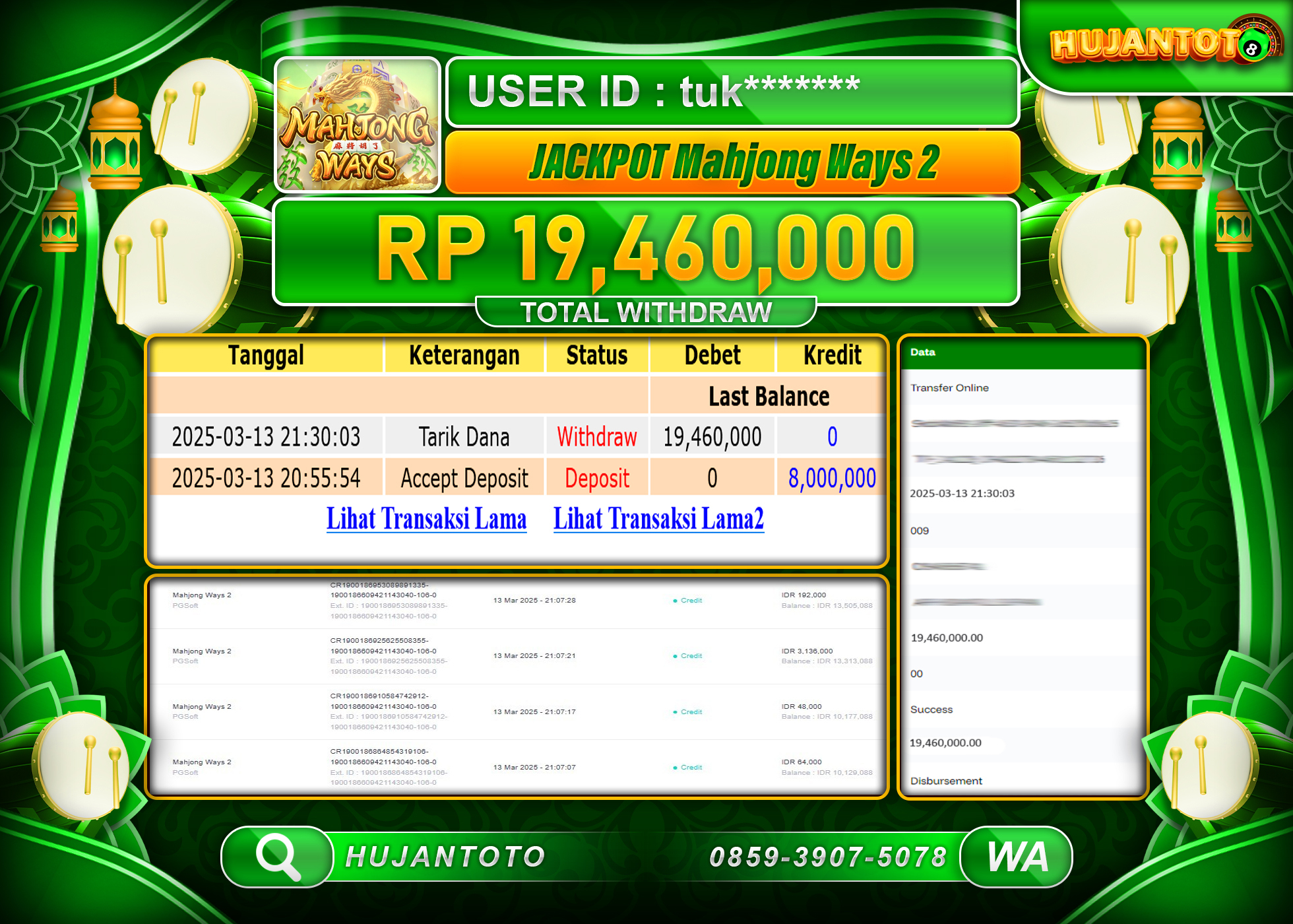 HUJANTOTO - BUKTI JACKPOT MENANG SLOT PG SOFT MAHJONG WAYS Rp,19,460,000 - TERBAYAR LUNAS