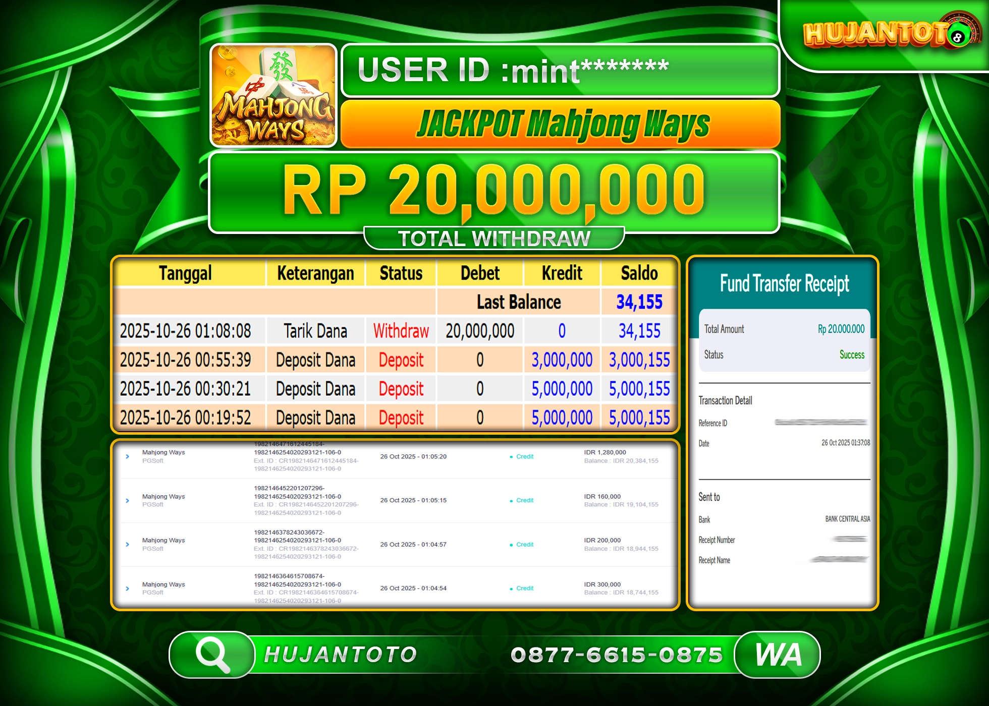 HUJANTOTO - BUKTI JACKPOT MENANG SLOT MAHJONG WAYS PG SOFT Rp.20,000,000 - TERBAYAR LUNAS