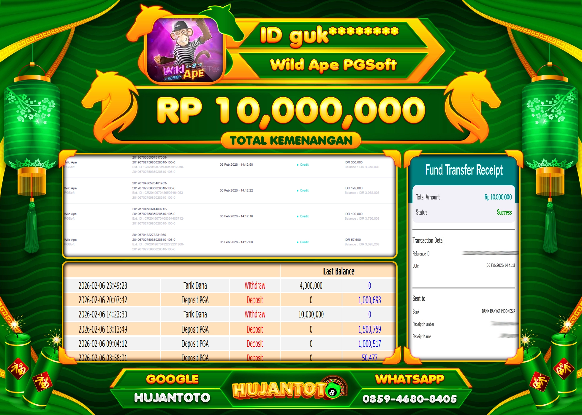 HUJANTOTO - BUKTI JACKPOT MENANG SLOT WILD APE PG SOFT Rp.10,000,000 - TERBAYAR LUNAS
