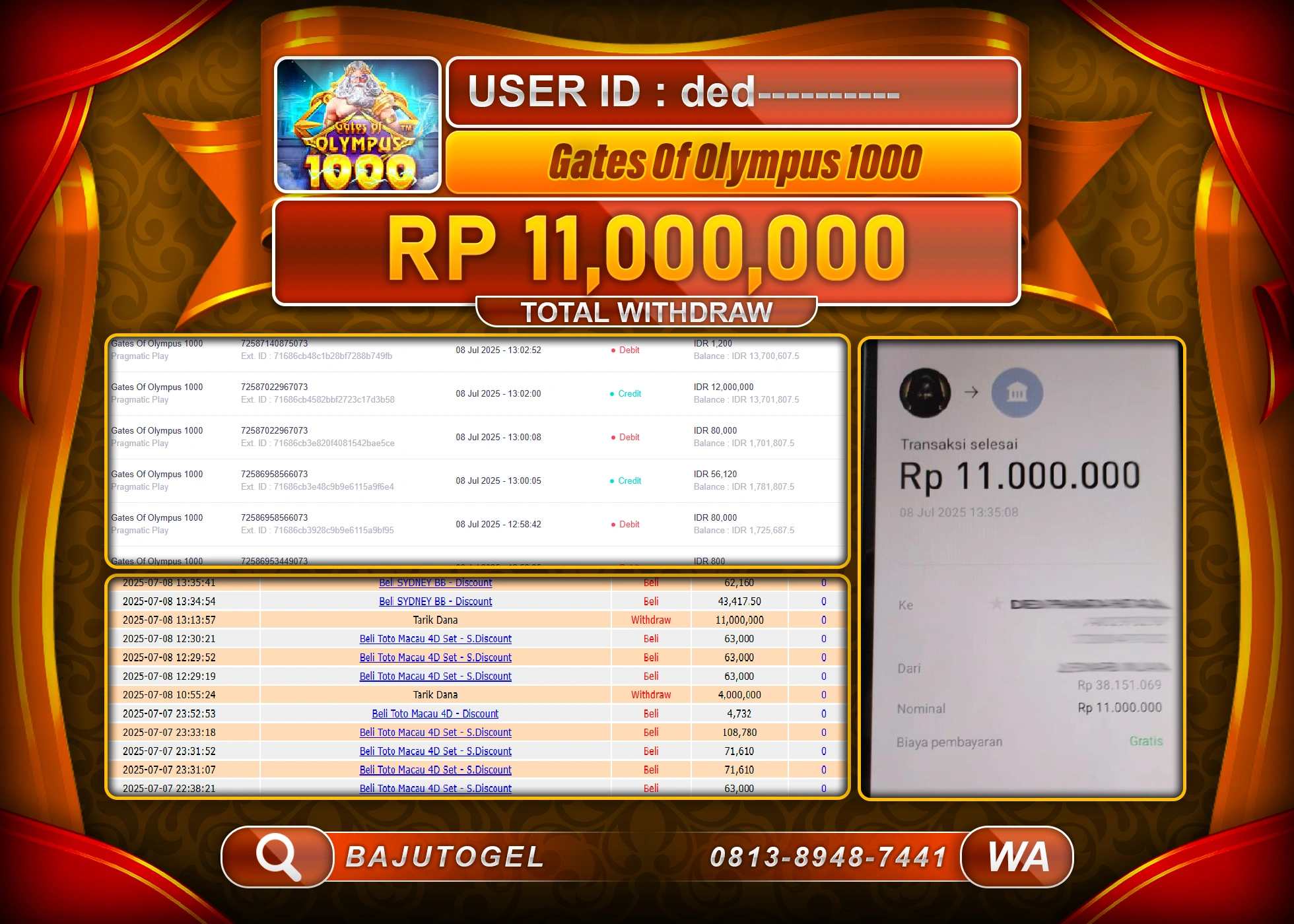  BAJUTOGEL MENANG DI SLOT GATES OF OLYMPUS 1000 Rp.11.000.000 LUNAS