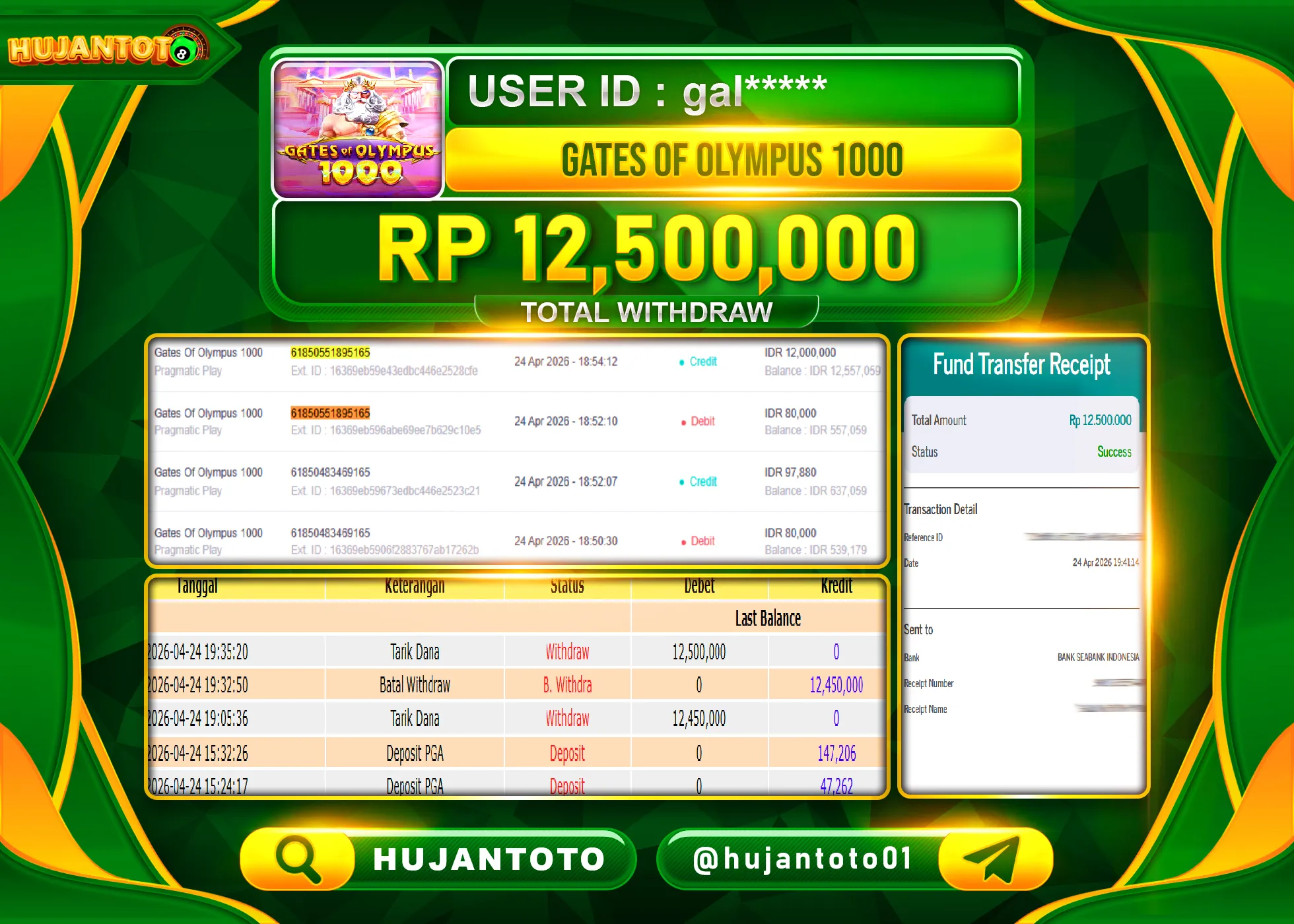 HUJANTOTO - BUKTI JACKPOT MENANG SLOT GATES OF OLYMPUS 1000 Rp.12,500,000 - TERBAYAR LUNAS