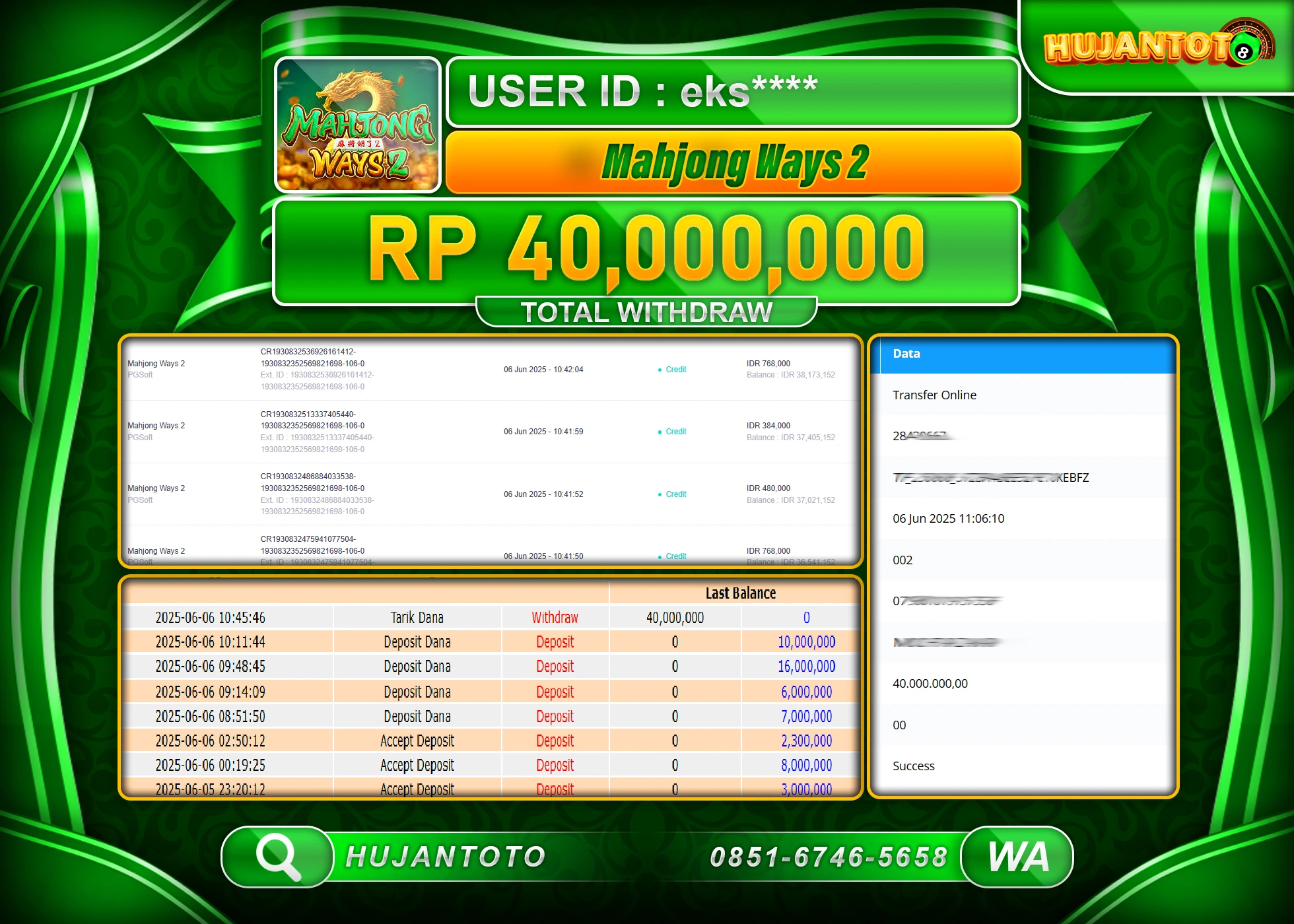 HUJANTOTO - BUKTI JACKPOT MENANG SLOT MAHJONG WAYS 2 Rp.40,000,000 - TERBAYAR LUNAS
