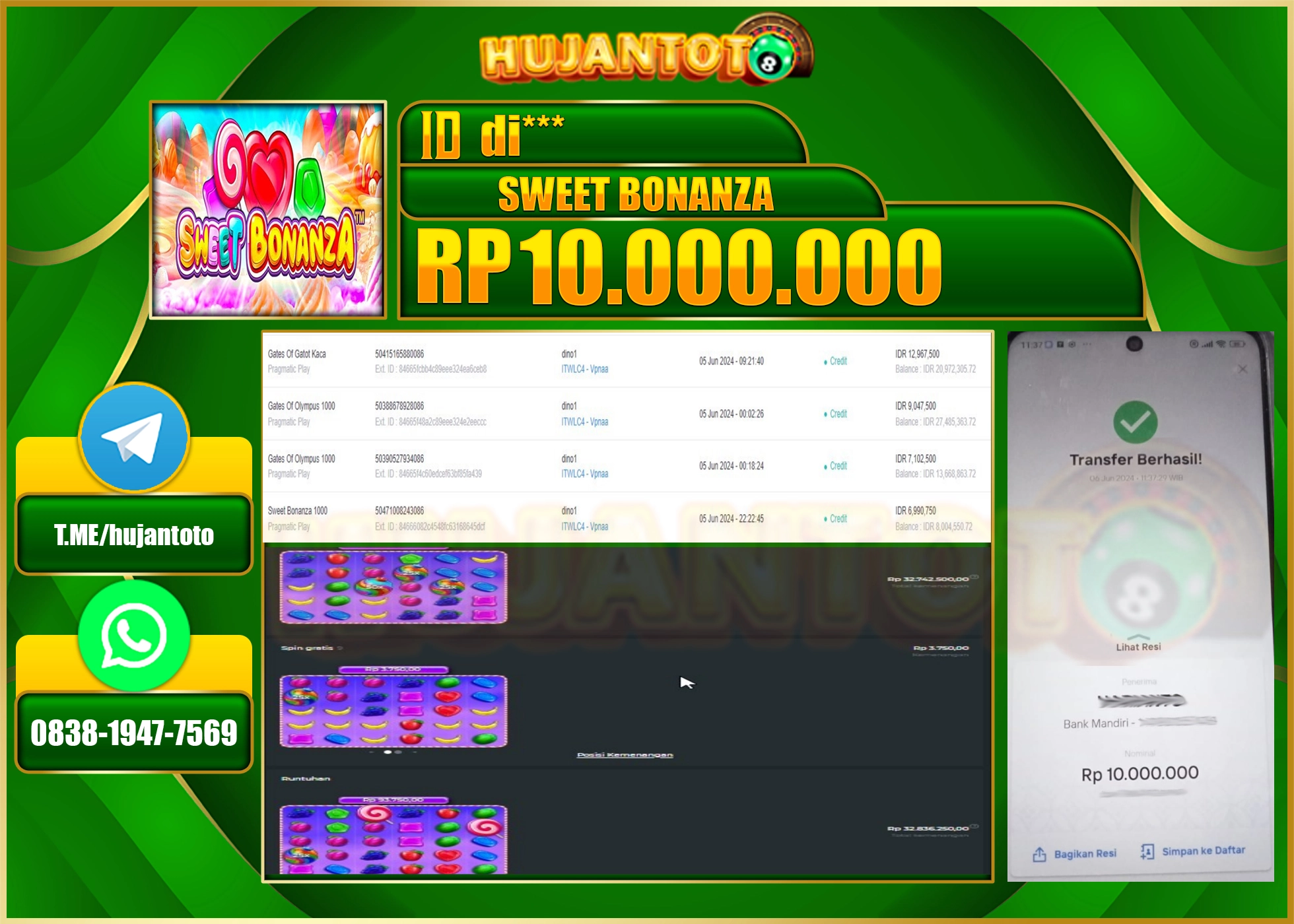 HUJANTOTO MENANG SLOT SWEET BONANZA  10.000.000 - LUNAS 