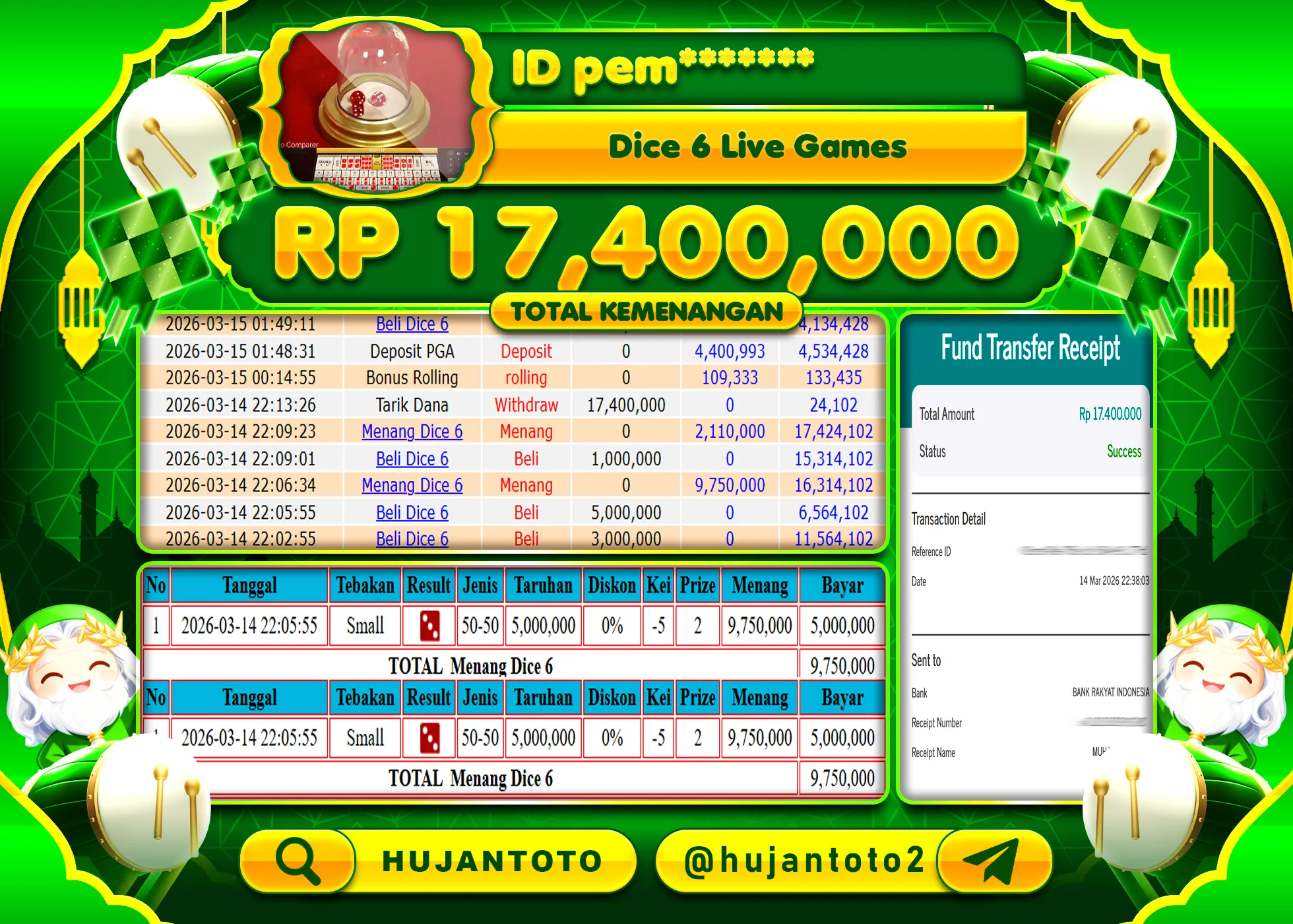 HUJANTOTO - BUKTI JACKPOT MENANG LIVEGAME LIVE GAME DICE 6 Rp.17,400,000 - TERBAYAR LUNAS