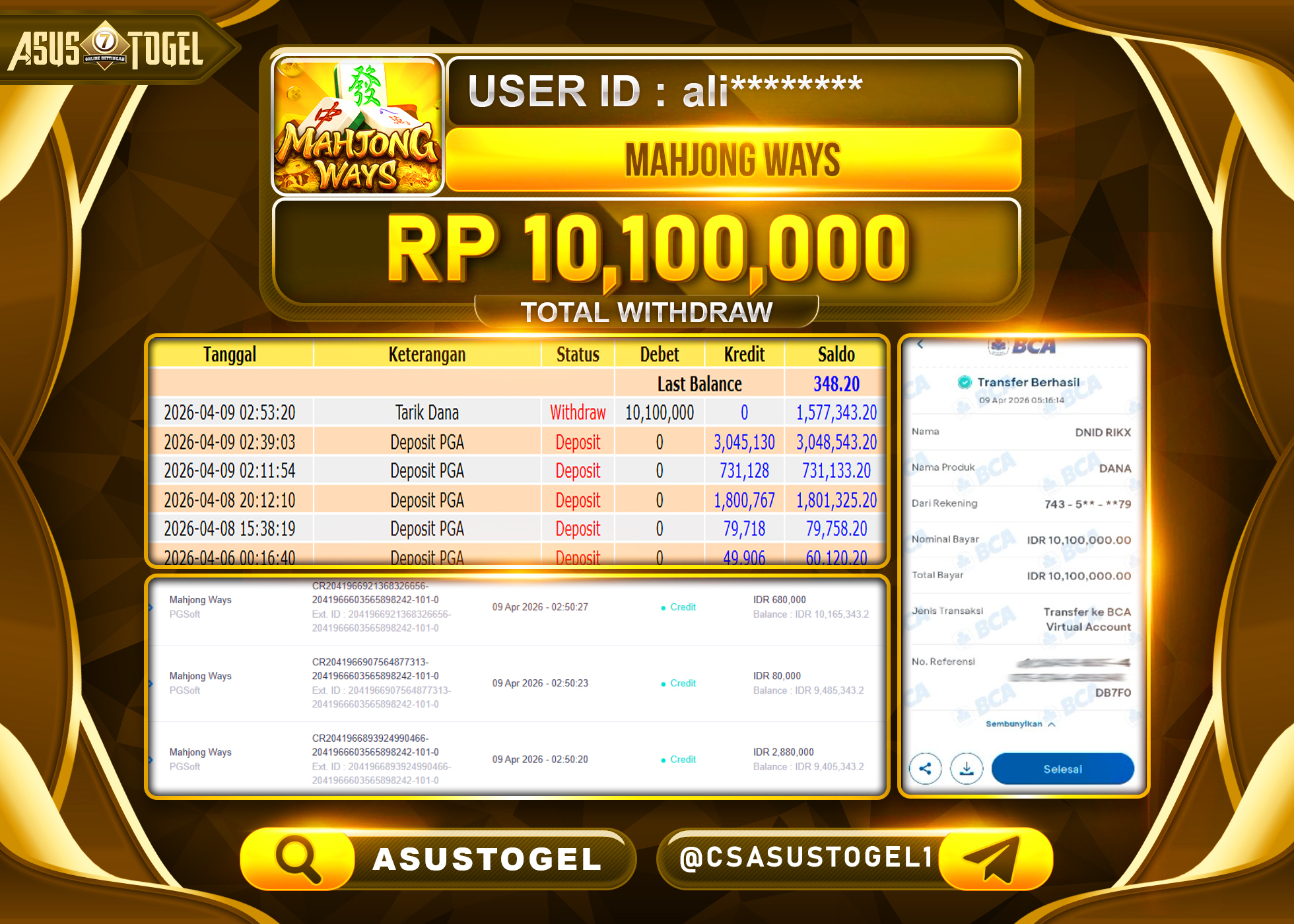 ASUSTOGEL KEMENANGAN JACKPOT DI PERMAINAN MAHJONG WAYS PG SOFT SEBESAR Rp.10,100,000 - RUPIAH LUNAS