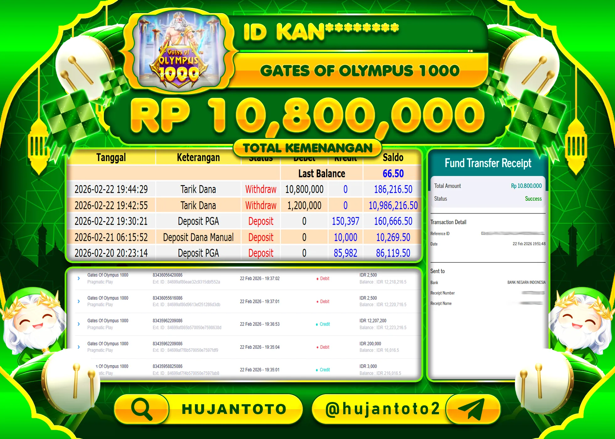 HUJANTOTO - BUKTI JACKPOT MENANG SLOT GATES OF OLYMPUS 1000 Rp.10,800,000 - TERBAYAR LUNAS