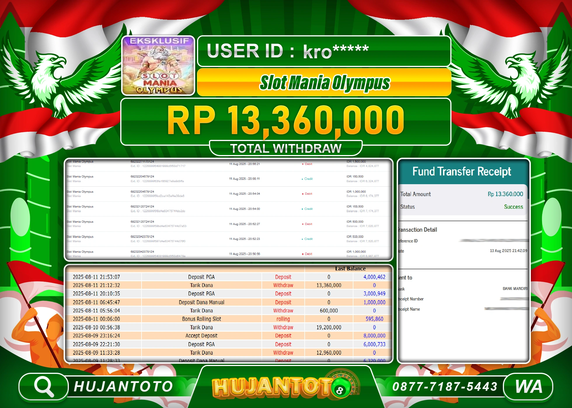 HUJANTOTO - BUKTI JACKPOT MENANG SLOT MANIA OLYMPUS Rp.13,360,000 - TERBAYAR LUNAS