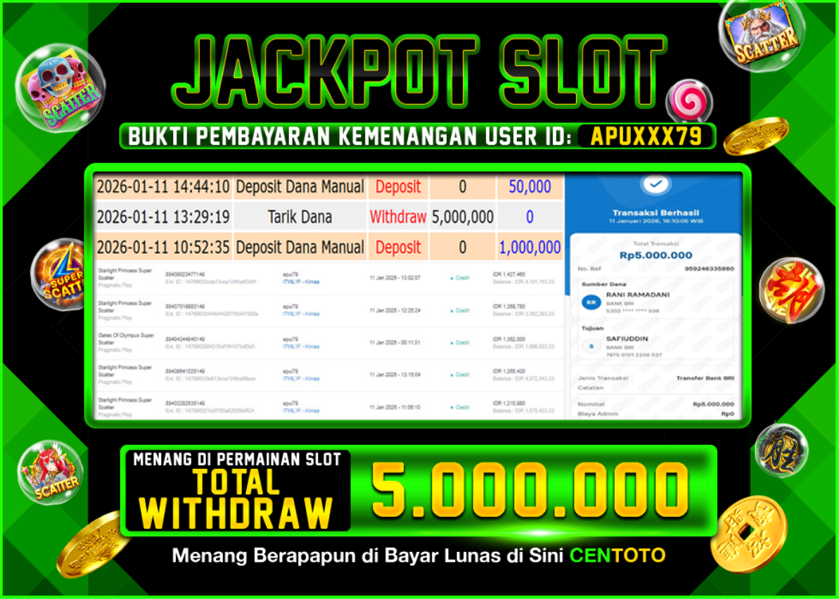 BUKTI JACKPOT SLOT CENTOTO  RP.5.000.000,-LUNAS