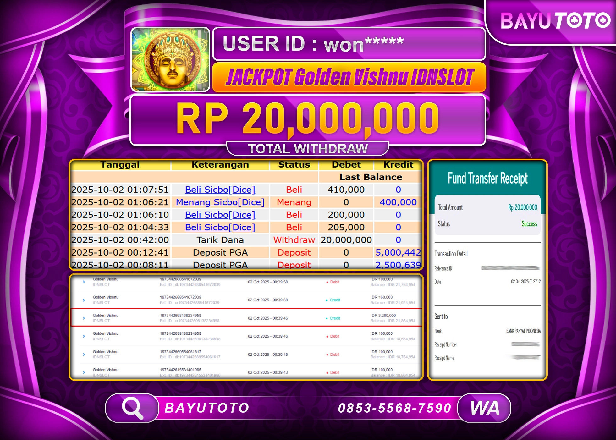 MEMBER BAYUTOTO JACKPOT  DI SLOT GAME GOLDEN VISHNU IDN SLOT Rp.20.000.000 LUNAS