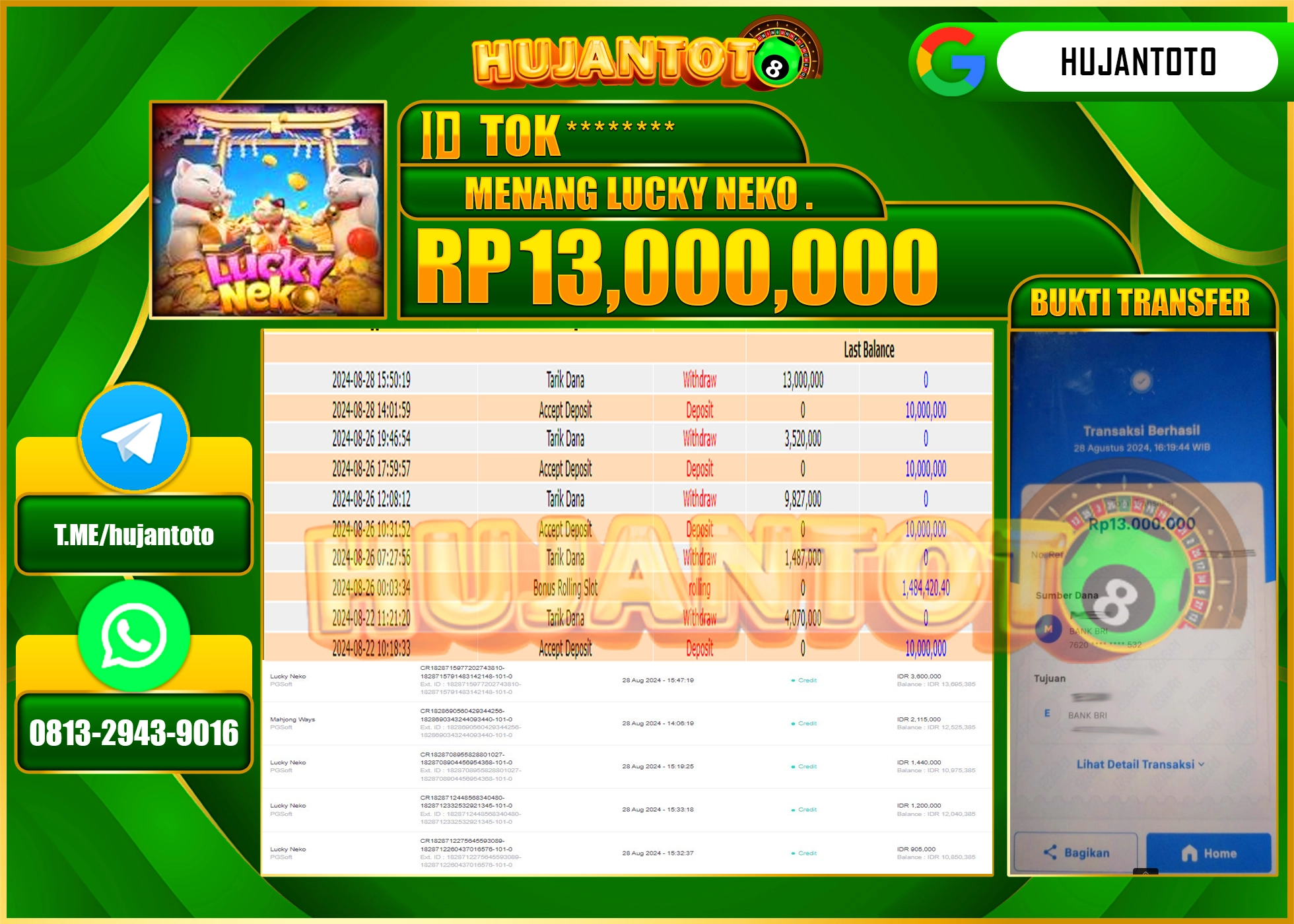 HUJANTOTO MENANG BESAR DI PERMAINAN SLOT PGSOFT LUCKY NEKO 13.000.000 - LUNAS 