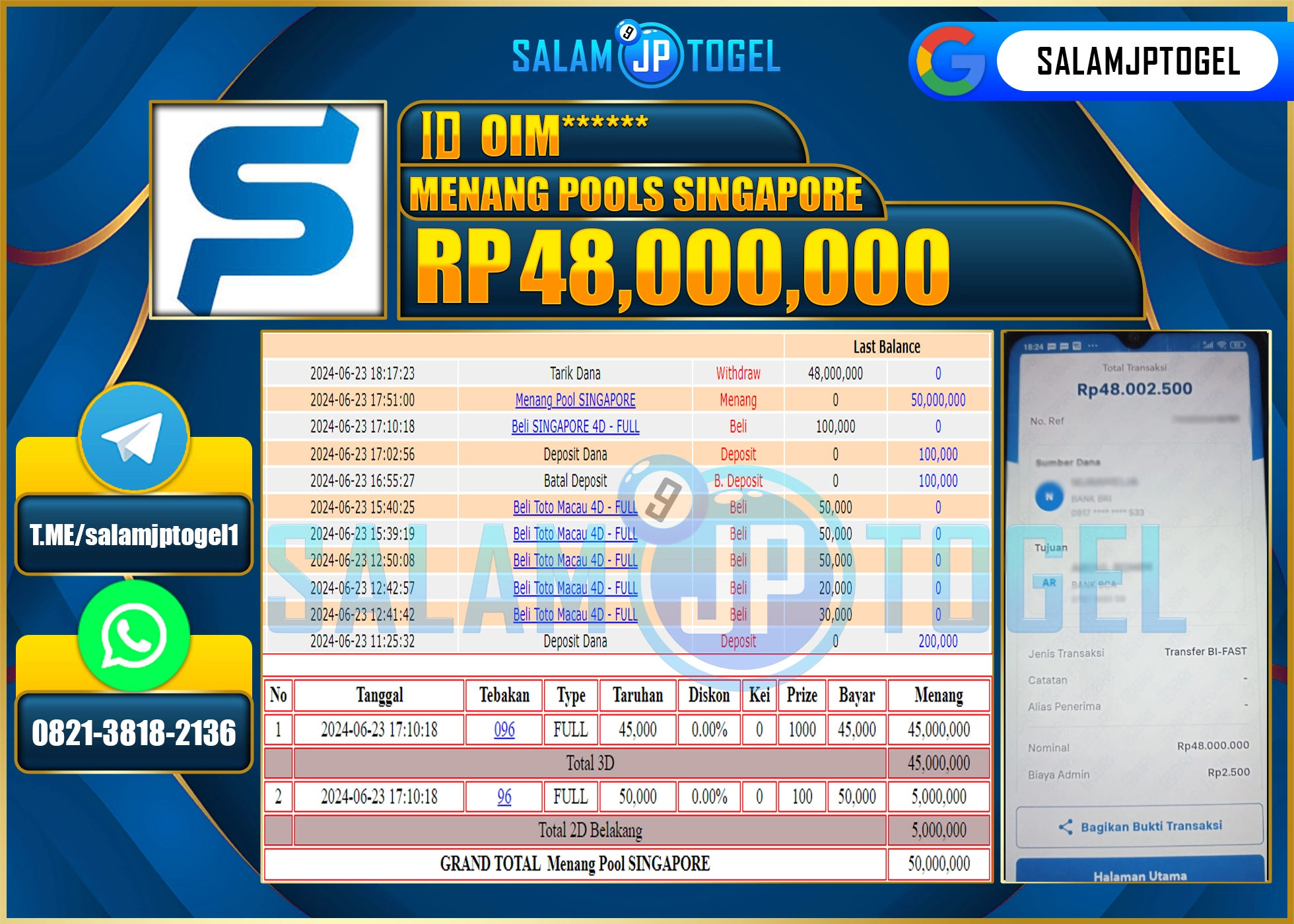 SALAMJPTOGEL MENANG  POOLS SINGAPORE  RP. 48,000,000.,LUNAS