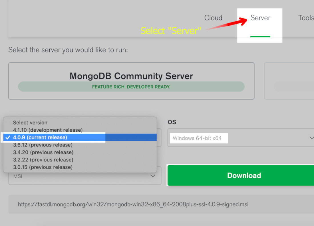 Screenshot of the MongoDB server download's page highlighting the Windows MSI installer release for version 4.0.9