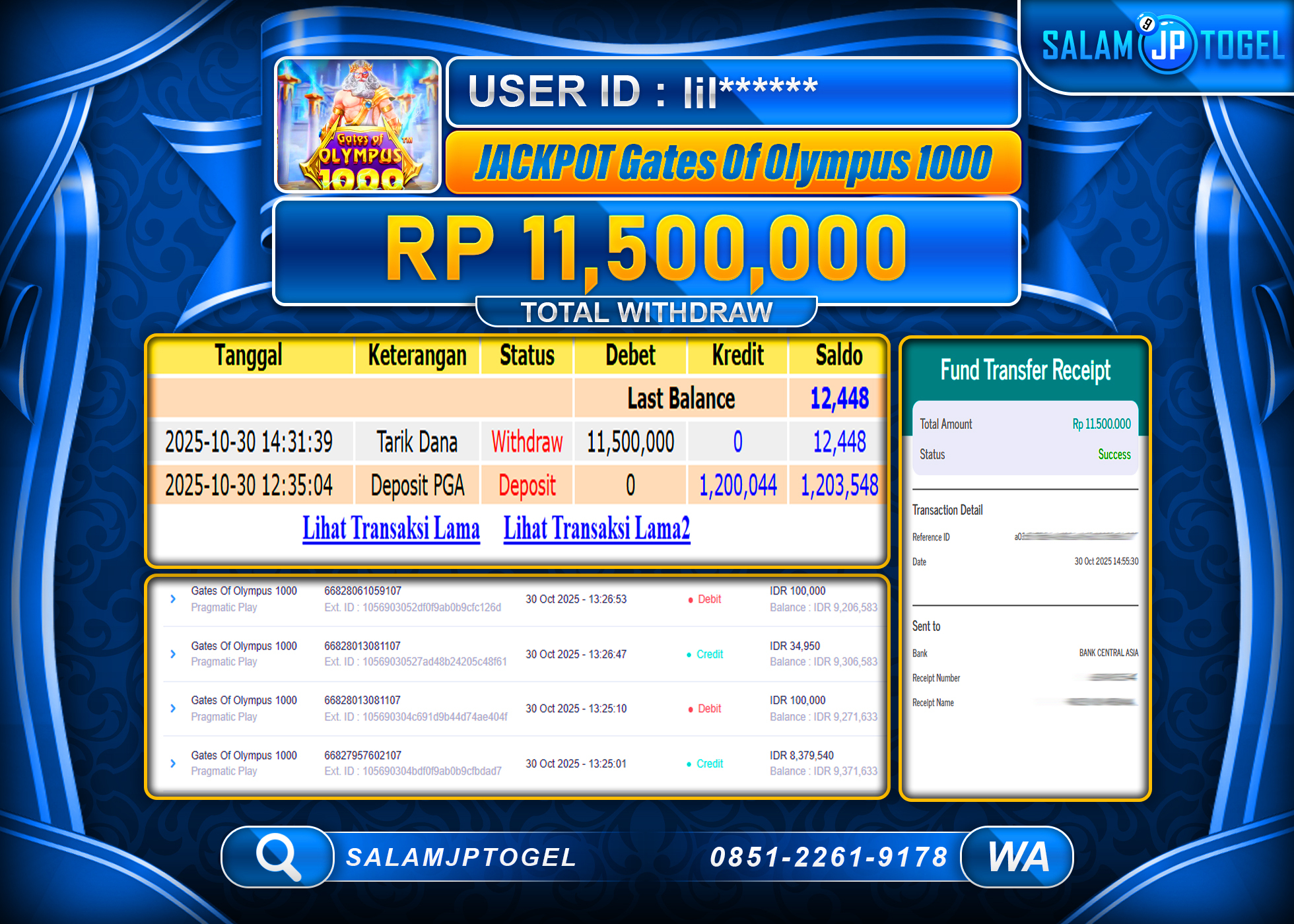 SALAMJPTOGEL MENANG GATES OF OLYMPUS 1000 Rp.11,500,000  - LUNAS
