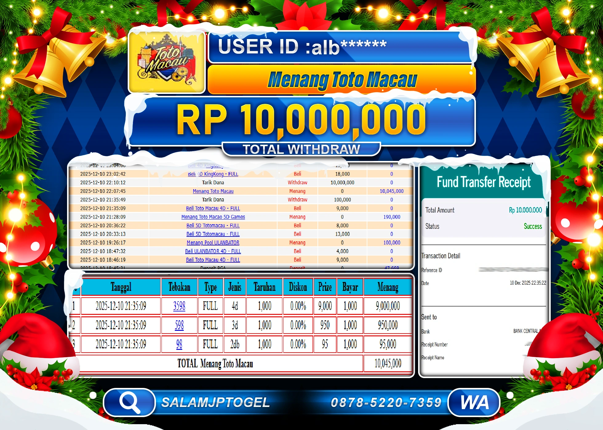 SALAMJPTOGEL MENANG JACKPOT TOTO MACAU Rp.10,000,000 - LUNAS