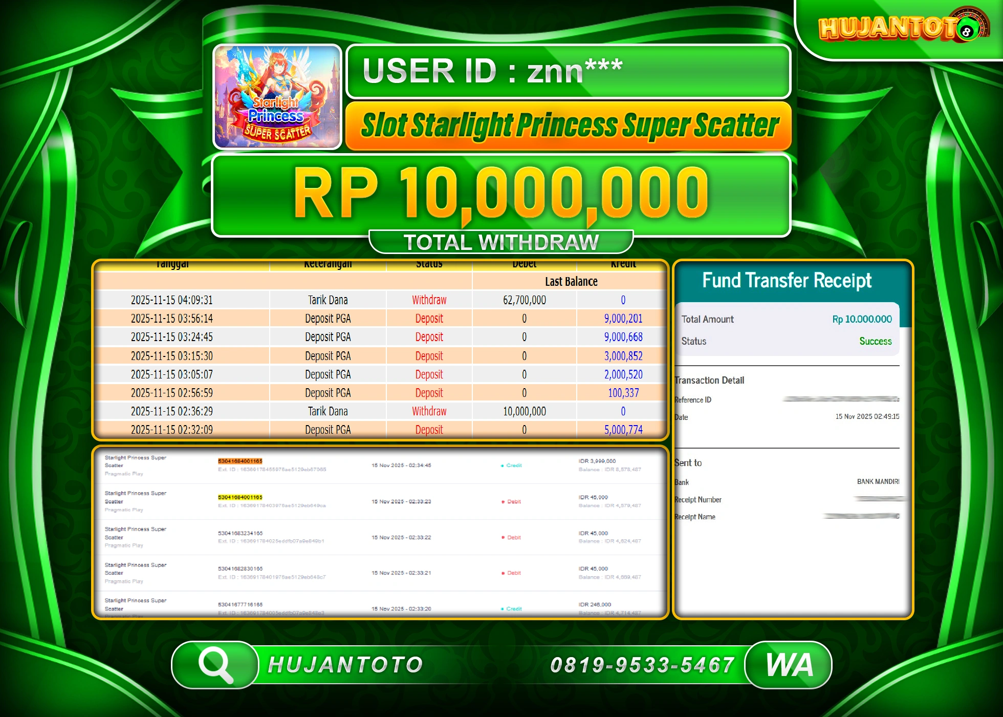 HUJANTOTO - BUKTI JACKPOT MENANG SLOT STARLIGHT PRINCESS SUPER SCATTER Rp.10,000,000 - TERBAYAR LUNAS