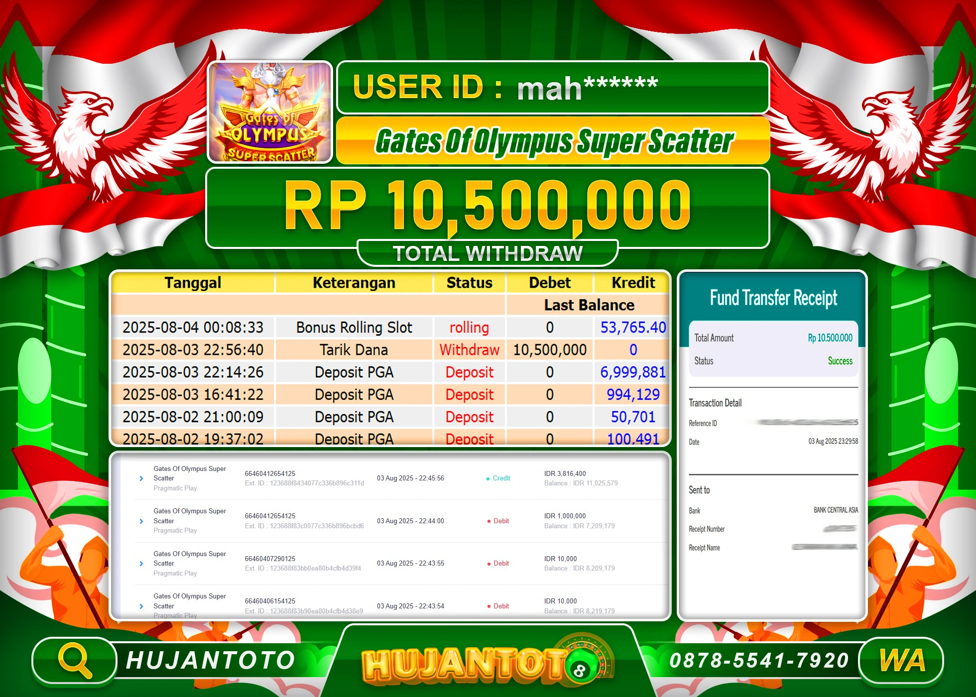 HUJANTOTO - BUKTI JACKPOT MENANG SLOT GATES OF OLYMPUS SUPER SCATTER Rp.10,500,000 - TERBAYAR LUNAS