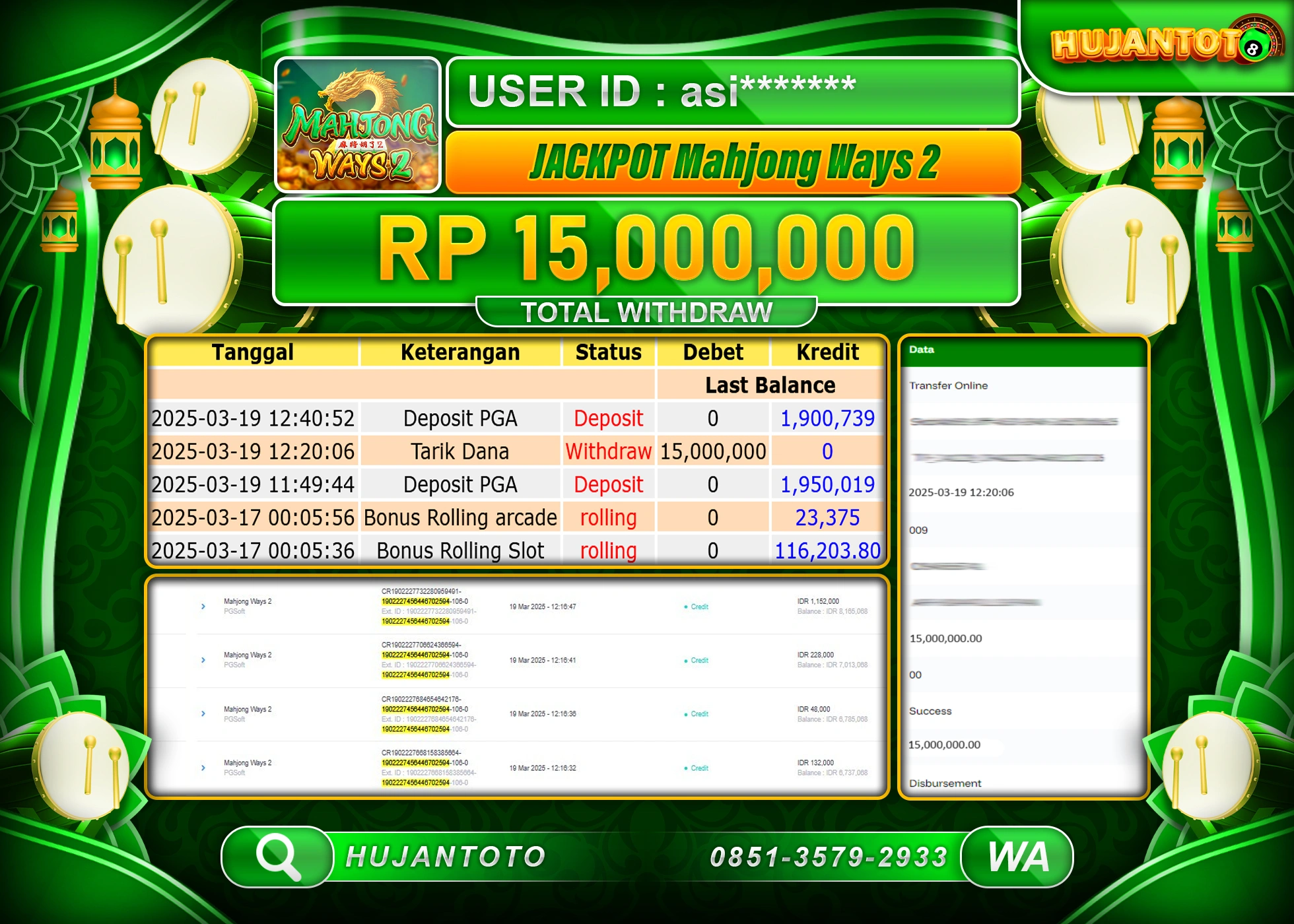 HUJANTOTO - BUKTI JACKPOT MENANG SLOT MAHJONG WAYS 2 Rp,15,000,000 - TERBAYAR LUNAS