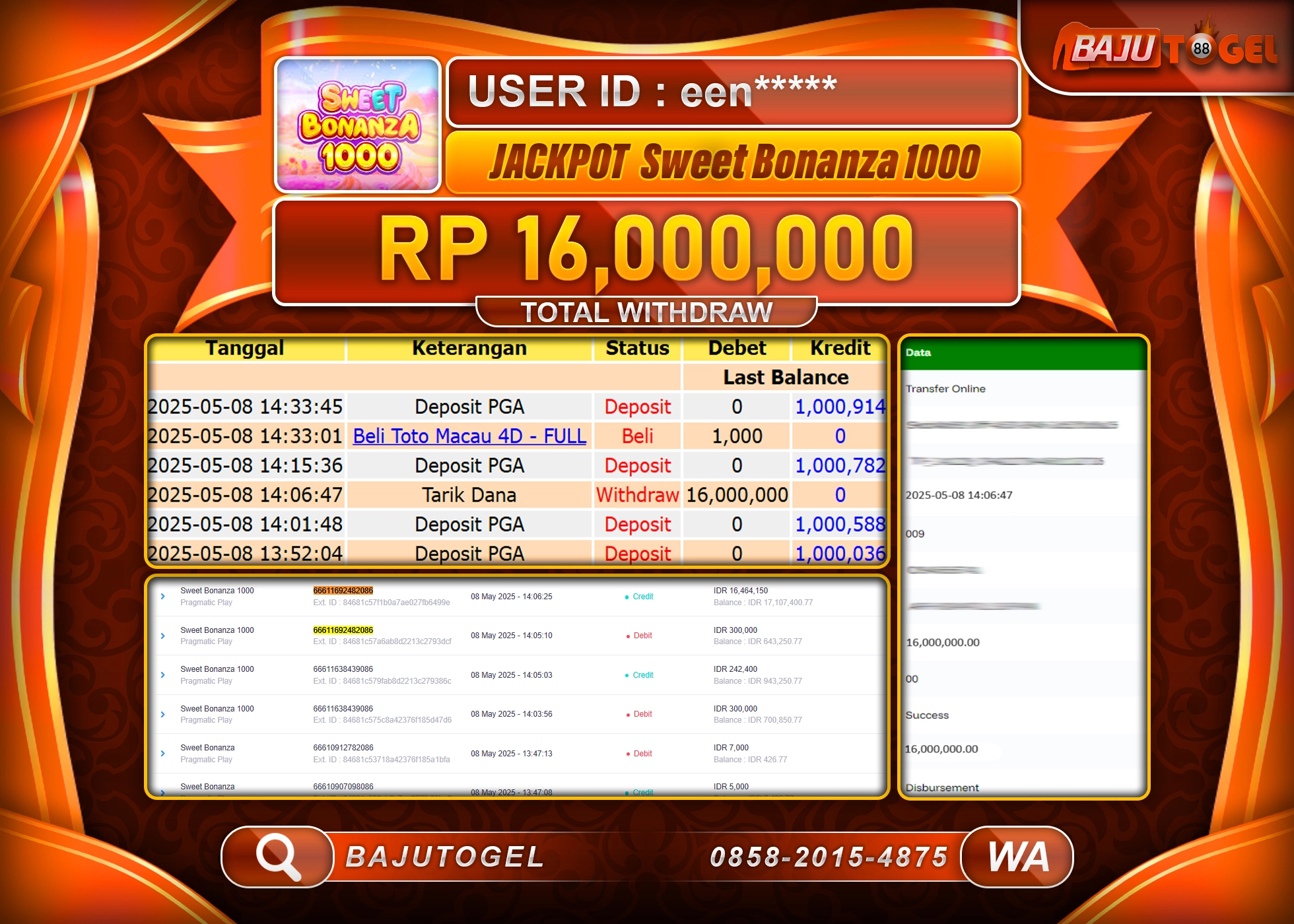 BAJUTOGEL KEMENANGAN  SWEET BONANZA 1000 Rp.16.000.000 LUNAS