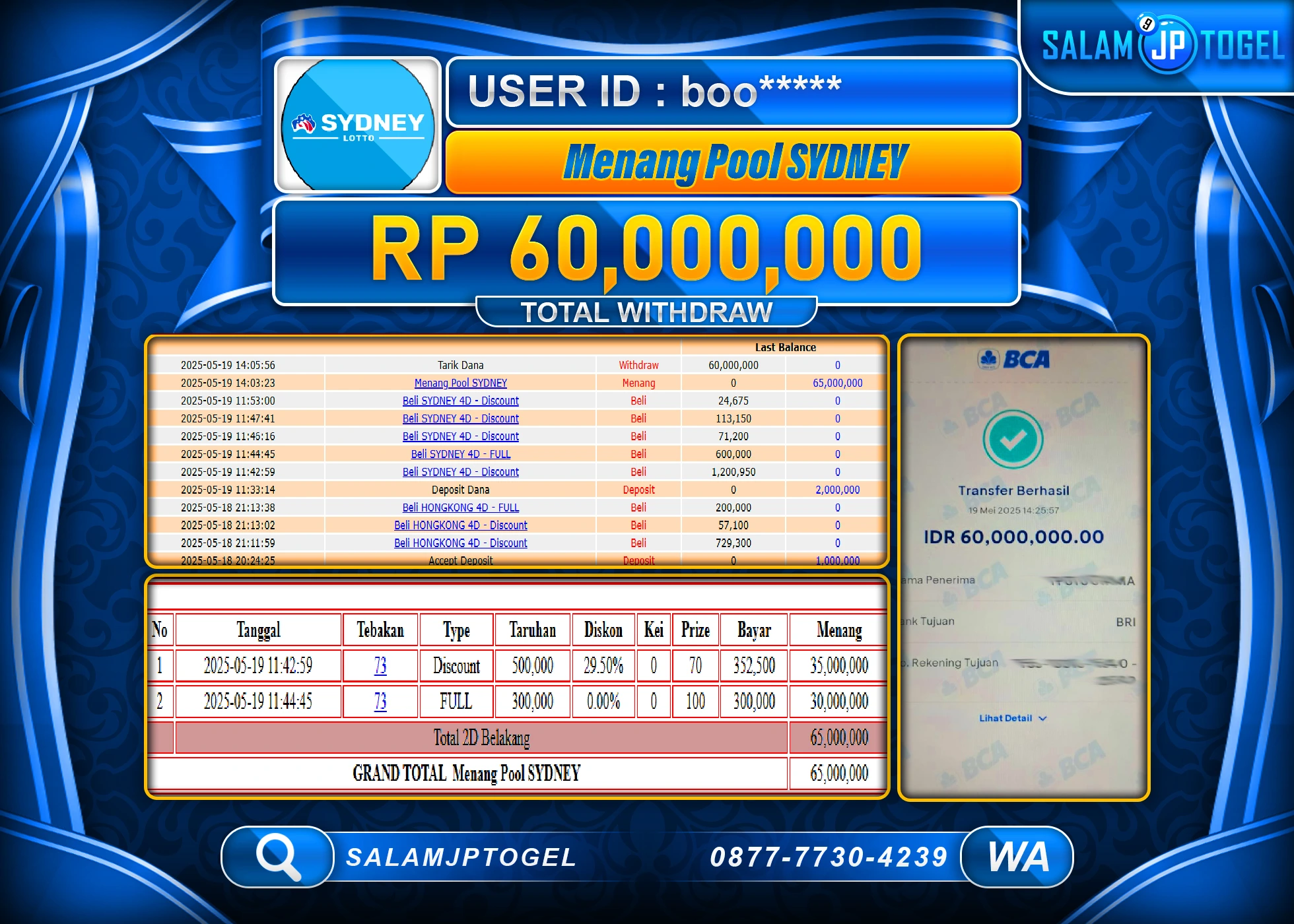 SALAMJPTOGEL MENANG POOL SYDNEY Rp.60,000,000 LUNAS