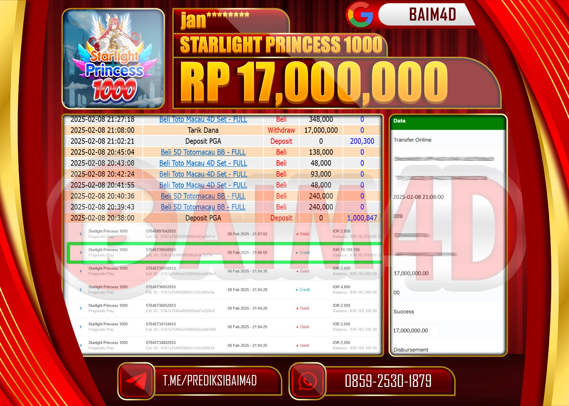 BAIM4D JACKPOT STARLIGHT PRINCESS 1000 Rp.17.000,000.- LUNAS