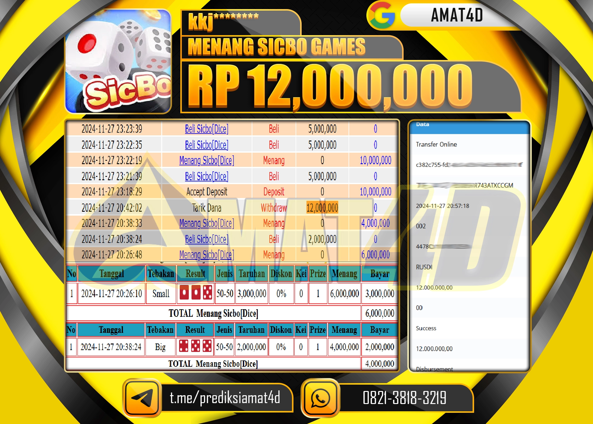  AMAT4D JACKPOT MENANG LIVEGAMES SICBO GAMES Rp.12.000.000 BERHASIL DI BAYAR LUNAS