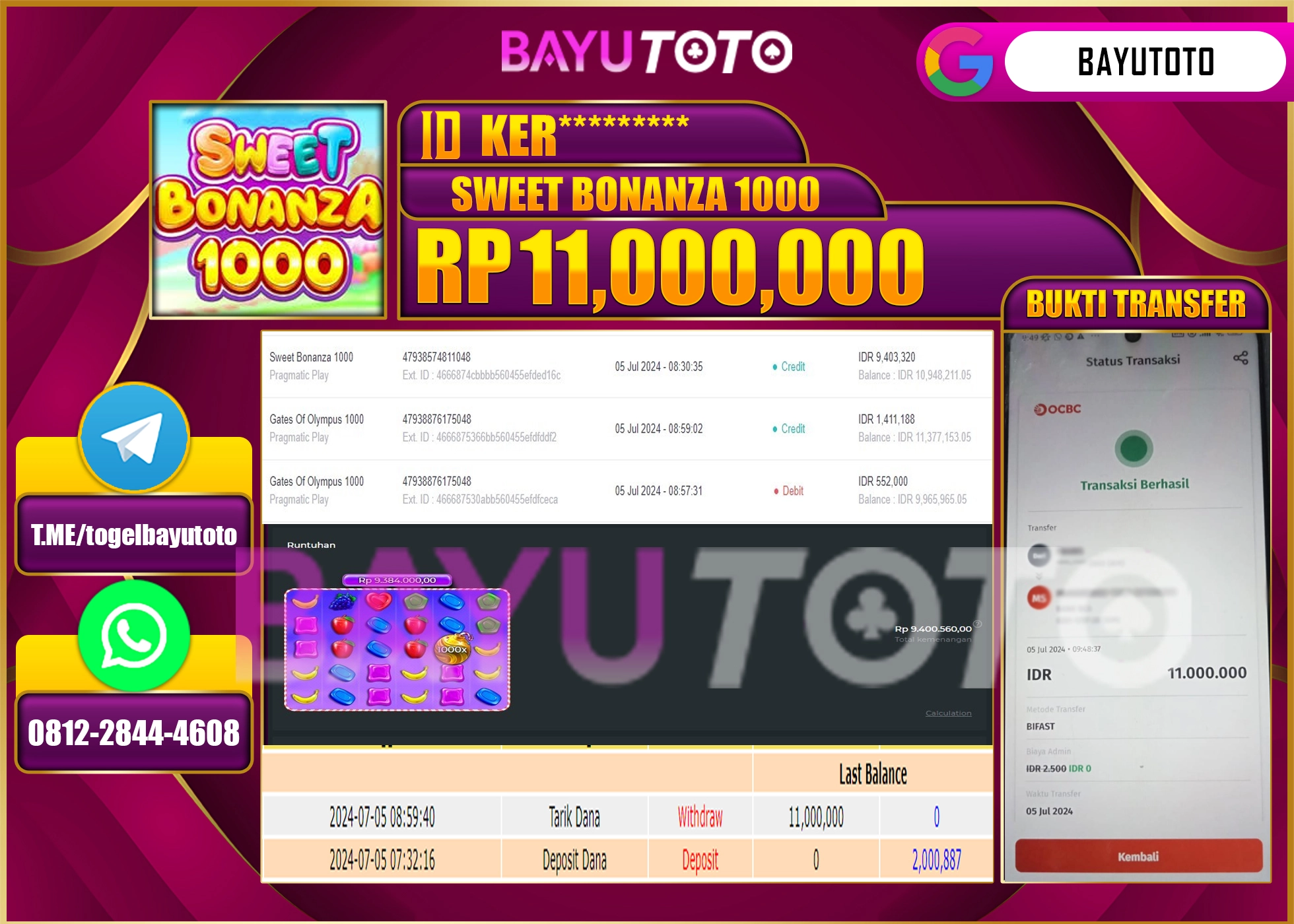 BAYUTOTO JACKPOT SLOT GAMES SWEET BONANZA 1000  Rp.11.000.000 LUNAS
