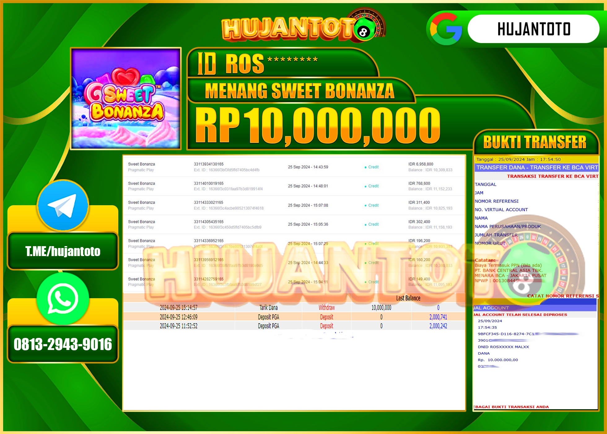 HUJANTOTO MENANG BESAR DI PERMAINAN SLOT SWEET BONANZA - 10,000,000 - LUNAS 