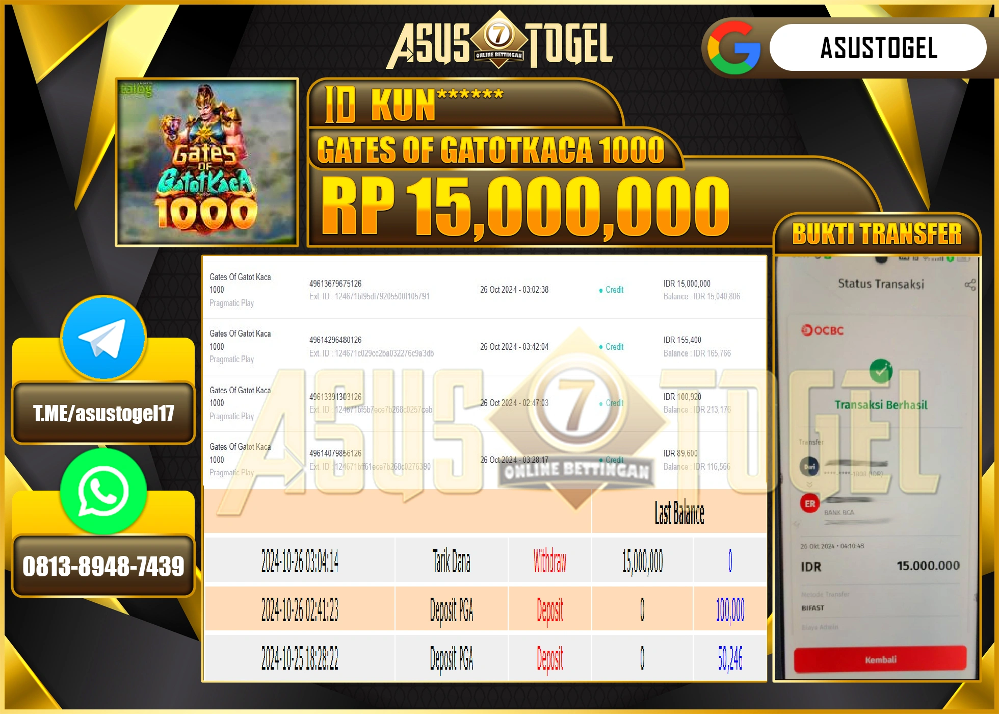 ASUSTOGEL KEMENANGAN DI GATES OF GATOTKACA 1000 SEBESAR 15,000,000- RUPIAH LUNAS