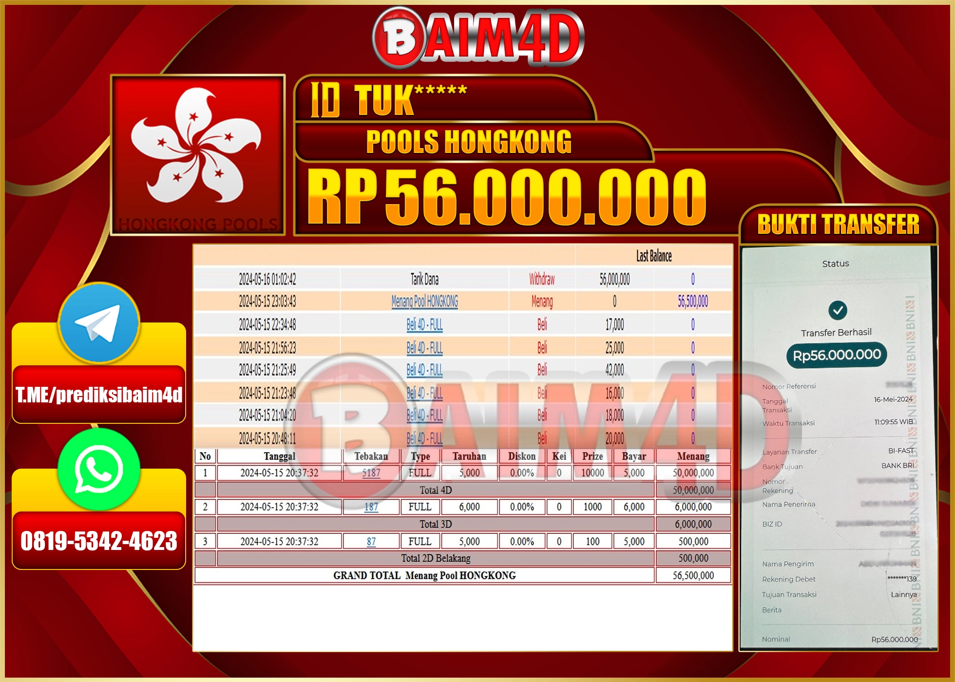 BAIM4D JACKPOT POOLS HONGKONG Rp.56,000,000.,- LUNAS