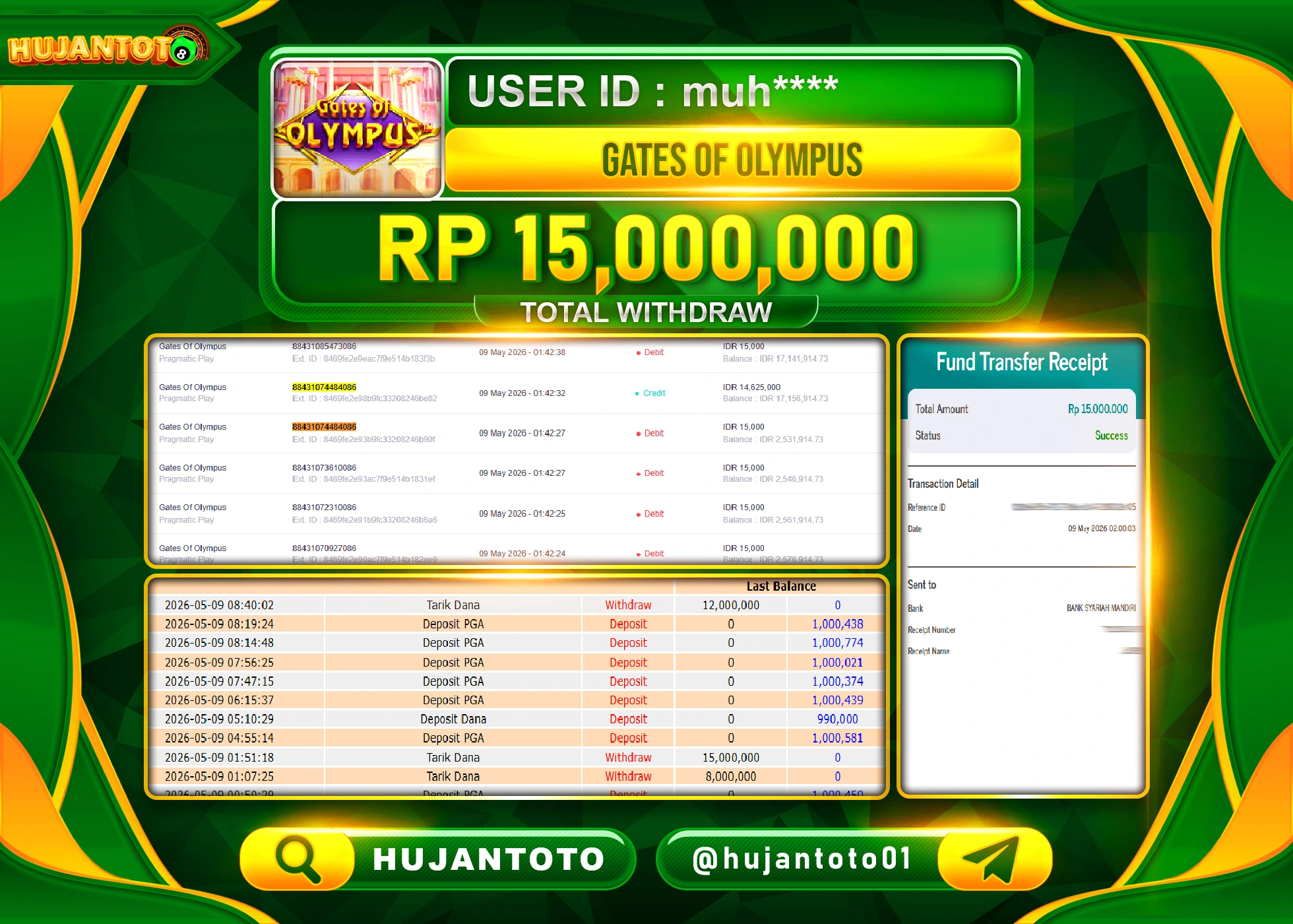 HUJANTOTO - BUKTI JACKPOT MENANG SLOT GATES OF OLYMPUS Rp.15,000,000 - TERBAYAR LUNAS