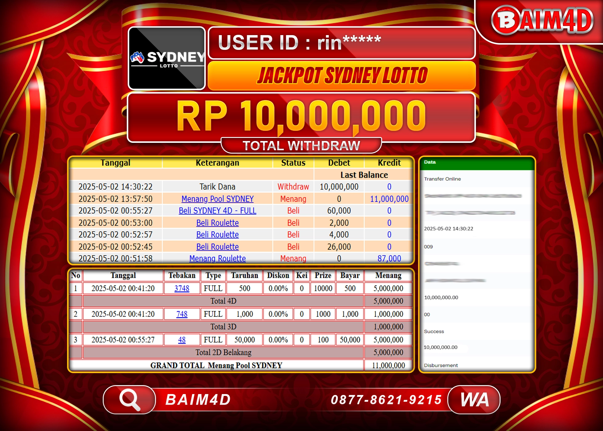 BAIM4D JACKPOT SYDNEY LOTTO  1000 Rp.10.000,000.- LUNAS