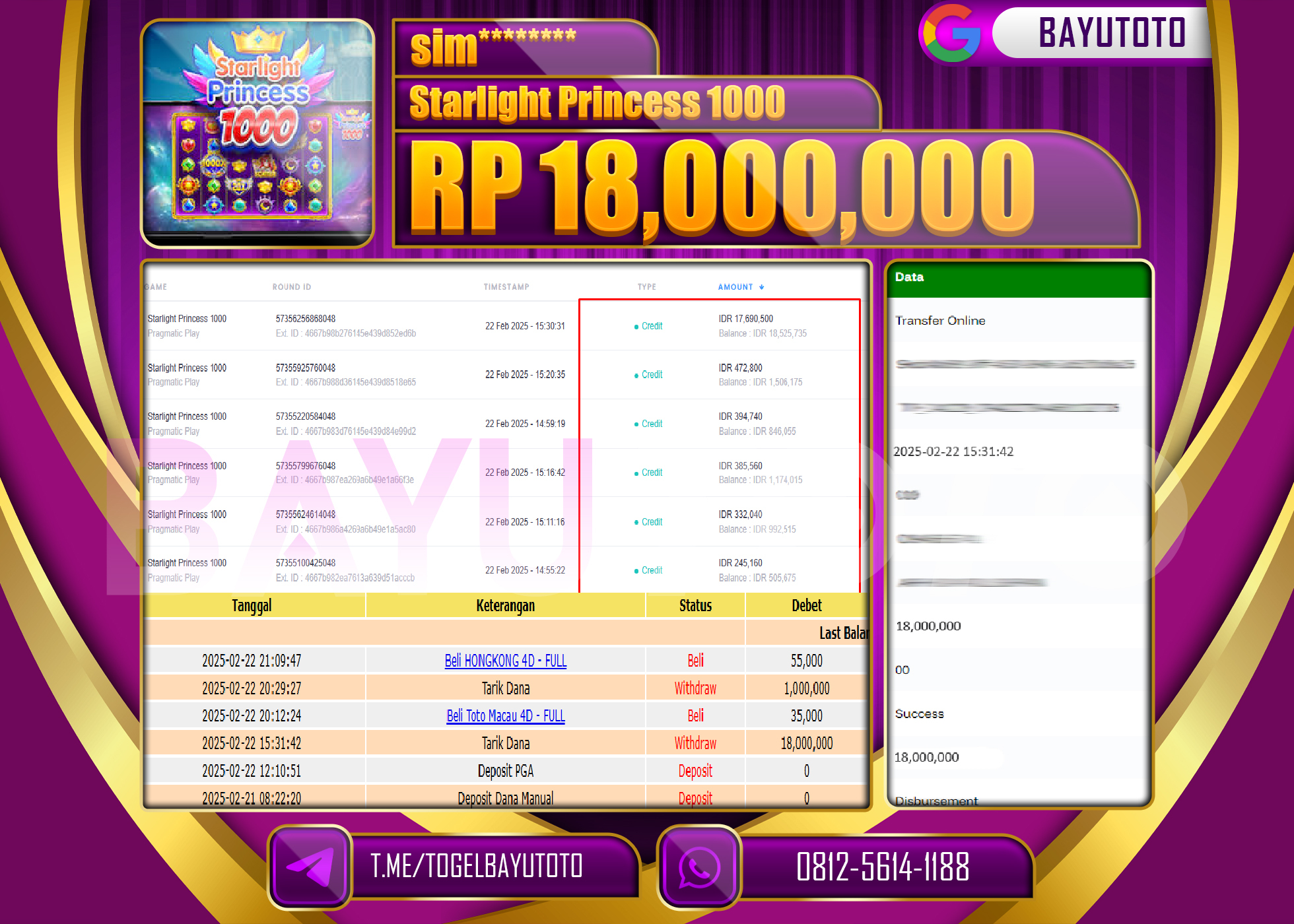 BAYUTOTO JACKPOT STARLIGHT PRINCES1000 Rp.18.000.000 LUNAS