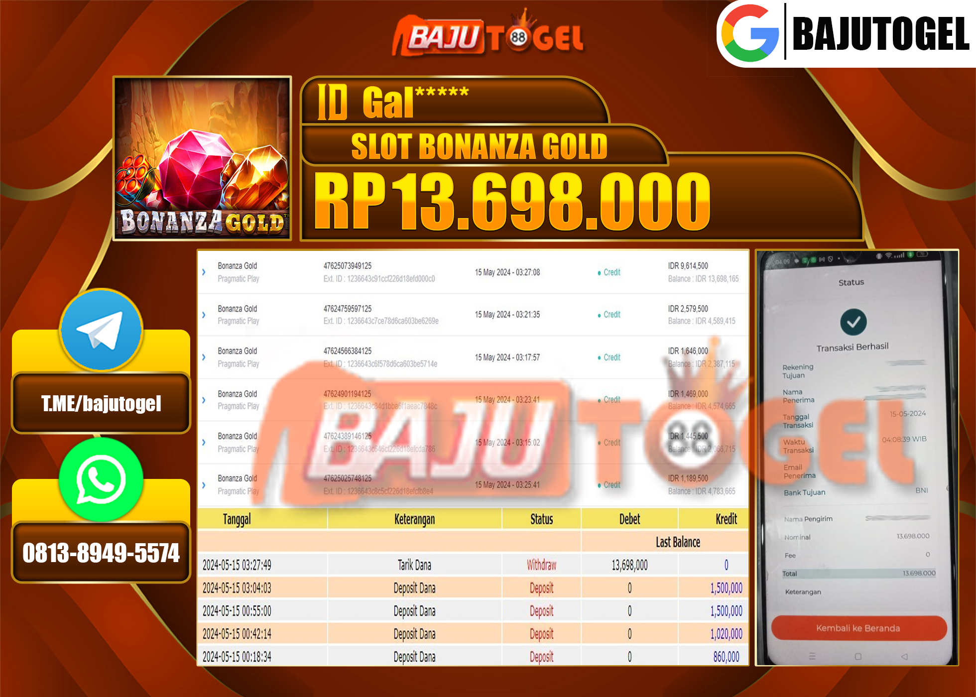 BAJUTOGEL JACKPOT SLOT MANIA BONANZA Rp.13.698.000 LUNAS